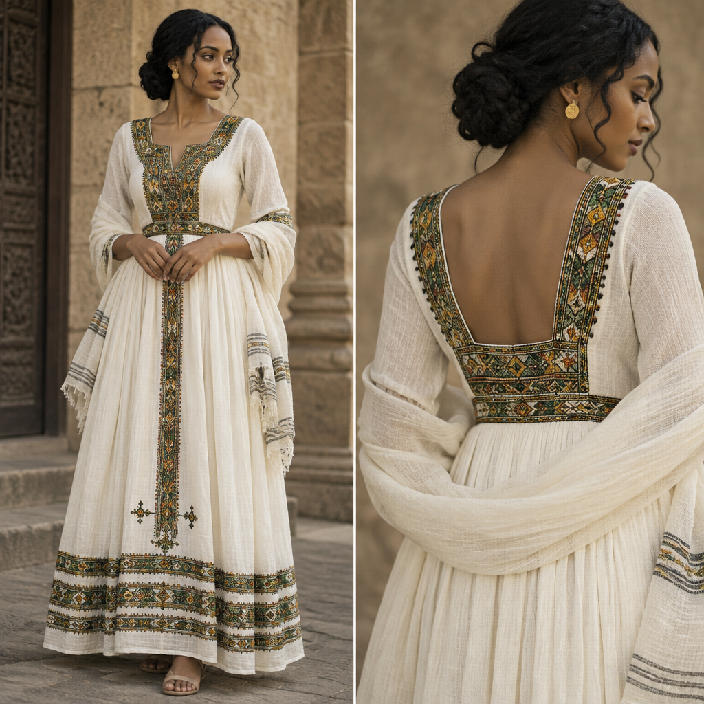 A Female Dress design, suitable for Summer. Consider Ethiopian fashion — habesha kemis, netela shawls, intricate hand-weaving, white cotton traditions.
photorealistic fashion design, A Female Dress design, suitable for Summer. Consider Ethiopian fashion — habesha kemis, netela shawls, intricate hand-weaving, white cotton traditions., just the design no text