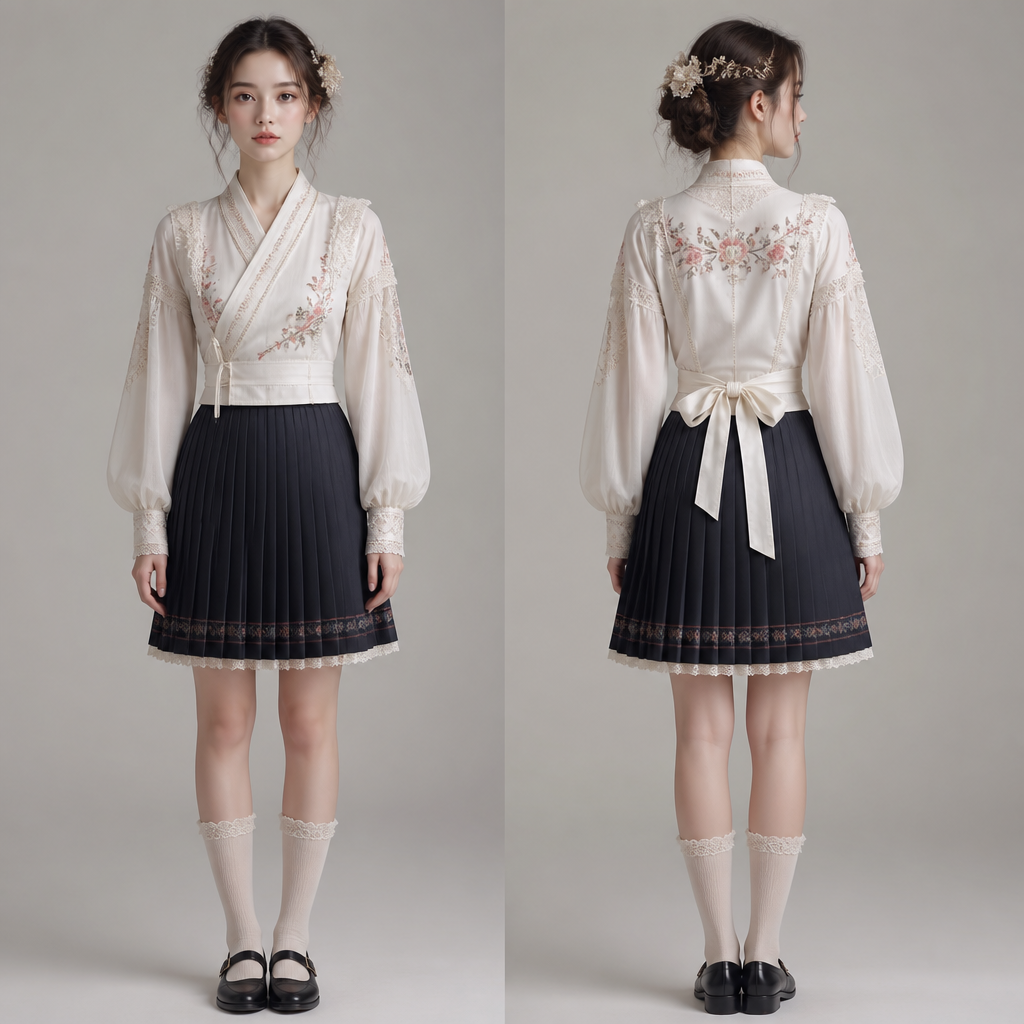 A Female Top design, in School Uniform style. в стиле древнего китая,кореии и японии с нежным кружевом,так же что-то цветочное. Russia fashion aesthetics. Present it as professional fashion catalogue photography: the garment is the subject, shown full-length with editorial styling, neutral posing and tasteful, non-suggestive framing.
photorealistic fashion design, A Female Top design, in School Uniform style. в стиле древнего китая,кореии и японии с нежным кружевом,так же что-то цветочное. Russia fashion aesthetics. Present it as professional fashion catalogue photography: the garment is the subject, shown full-length with editorial styling, neutral posing and tasteful, non-suggestive framing., school_uniform style, just the design no text, show front and back