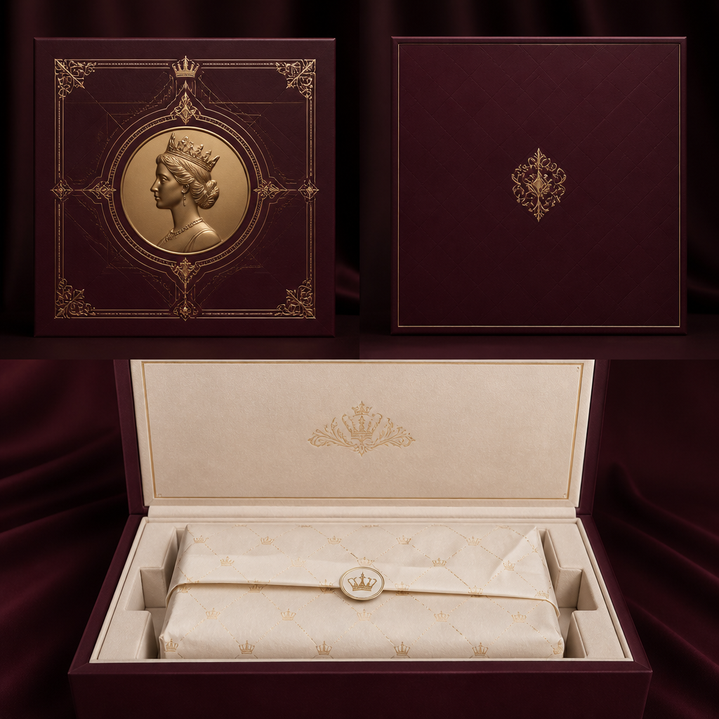 Design an ultra-luxury shipping box for Queen Henriette. The box is crafted from premium rigid cardboard with a magnetic closure system. The exterior features a deep royal burgundy soft-touch matte finish with elegant champagne gold foil details. At the center of the lid, a sculpted medallion portrait of Queen Henriette is embossed in relief, surrounded by a delicate geometric frame inspired by royal architecture and fine jewelry.
The interior is lined with luxurious ivory velvet and wrapped in soft cream-colored tissue paper decorated with subtle crown motifs. The product rests inside a custom-molded insert that perfectly secures and presents the item like a precious treasure.
The design should feel timeless, elegant, artistic, and highly sophisticated. Inspired by royal palaces, museum treasures, and luxury jewelry houses. Every detail must communicate exclusivity, craftsmanship, prestige, and refinement. Ultra-realistic luxury packaging design, front view, open box view, premium materials, exceptional attention to detail, high-end fashion house aesthetic.
photorealistic fashion design, Design an ultra-luxury shipping box for Queen Henriette. The box is crafted from premium rigid cardboard with a magnetic closure system. The exterior features a deep royal burgundy soft-touch matte finish with elegant champagne gold foil details. At the center of the lid, a sculpted medallion portrait of Queen Henriette is embossed in relief, surrounded by a delicate geometric frame inspired by royal architecture and fine jewelry.
The interior is lined with luxurious ivory velvet and wrapped in soft cream-colored tissue paper decorated with subtle crown motifs. The product rests inside a custom-molded insert that perfectly secures and presents the item like a precious treasure.
The design should feel timeless, elegant, artistic, and highly sophisticated. Inspired by royal palaces, museum treasures, and luxury jewelry houses. Every detail must communicate exclusivity, craftsmanship, prestige, and refinement. Ultra-realistic luxury packaging design, front view, open box view, premium materials, exceptional attention to detail, high-end fashion house aesthetic., just the design no text, show front and back