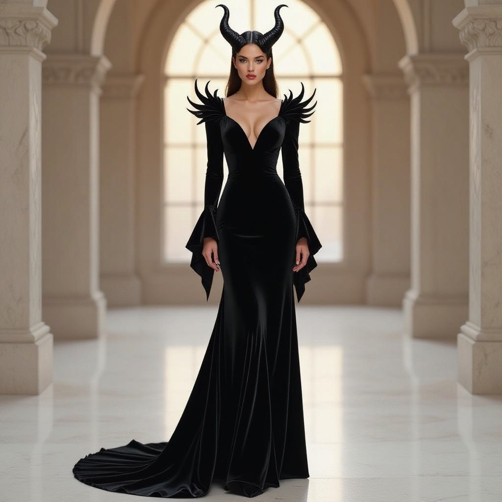 I want something black but bold,I want it to have the maleficient horns as a cleavage the dress should be flown but have read edges…the entire dress should be made of thick material
Black, flowing velvet gown with sharp, pointed shoulders inspired by Maleficent's horns. The dress features raw-cut edges along the hem and sleeves, crafted from a thick, structured fabric for a bold silhouette.