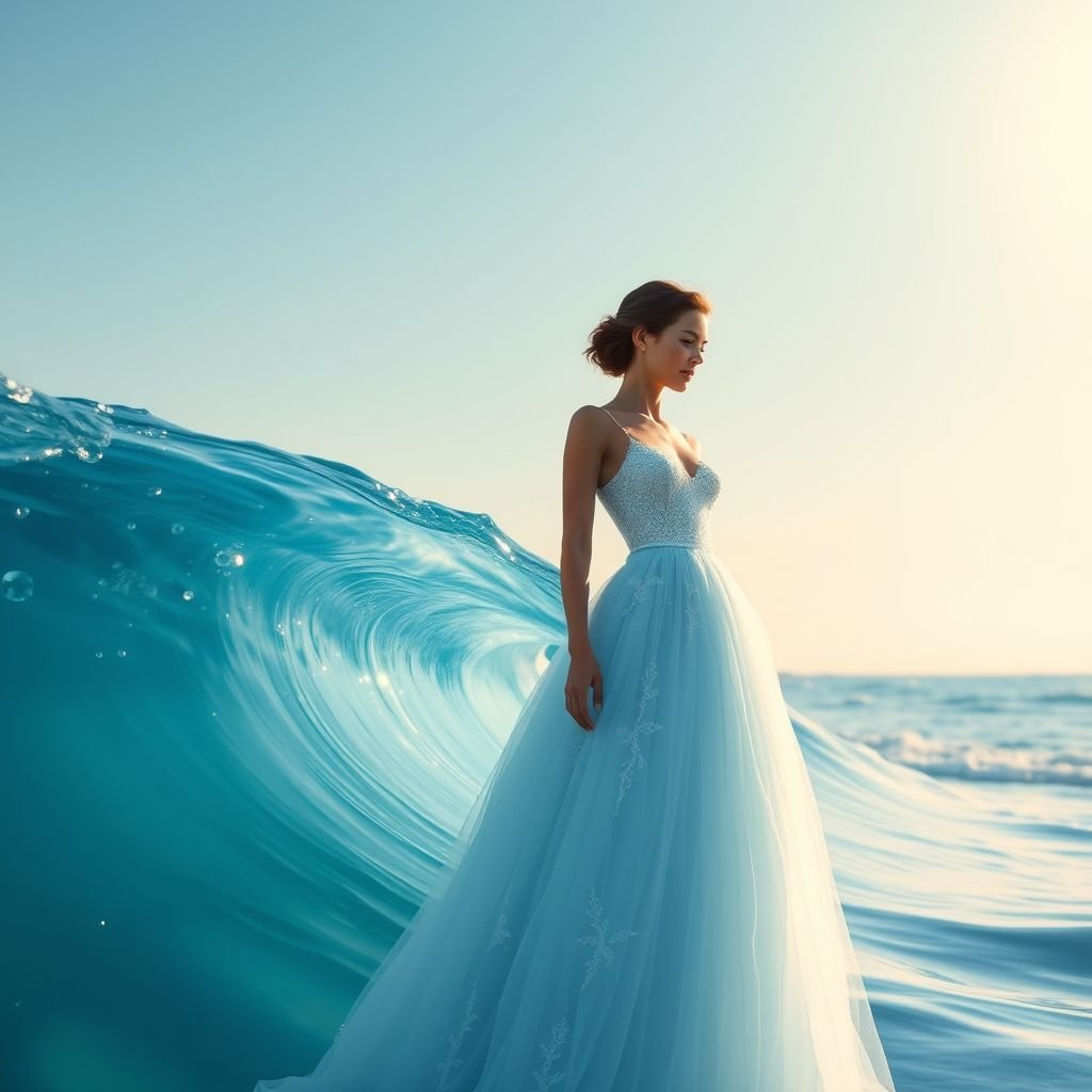 Create a gown inspired by sea waves, blue sky and sunshine. Add crystal embroidery and an ethereal look to the vision of a dress with architectural details and some structure, color should be gradients of blue and tinge of orange
Design a minimalist gown that embodies the tranquil beauty of sea waves and a bright blue sky under sunshine. Incorporate soft gradients of blue punctuated by delicate tints of orange. Emphasize clean lines and architectural silhouettes, adorned with subtle crystal embroidery to enhance the ethereal quality while maintaining simplicity.
