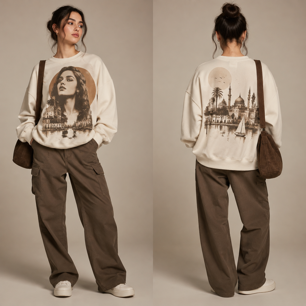 A Female Dress design, suitable for Fall. عايزه تصميم سويت شيرت بناتي للشتاء بيكون مكتوب عليه فيروس بالانجليزي او اغنيه لفيروز وشكل فيروز. Egypt fashion aesthetics. Present it as professional fashion catalogue photography: the garment is the subject, shown full-length with editorial styling, neutral posing and tasteful, non-suggestive framing.
photorealistic fashion design, A Female Dress design, suitable for Fall. عايزه تصميم سويت شيرت بناتي للشتاء بيكون مكتوب عليه فيروس بالانجليزي او اغنيه لفيروز وشكل فيروز. Egypt fashion aesthetics. Present it as professional fashion catalogue photography: the garment is the subject, shown full-length with editorial styling, neutral posing and tasteful, non-suggestive framing., just the design no text