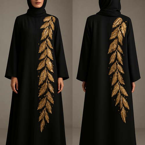 The Golden Feather Bloom Abaya
Tone: Onyx black
Design:
Handmade metallic gold feather petals arranged across one side with delicate embroidery.
Embellishment:
Champagne stones placed between feathers for a couture glow.
Vibe: Dramatic couture with modern softness.
