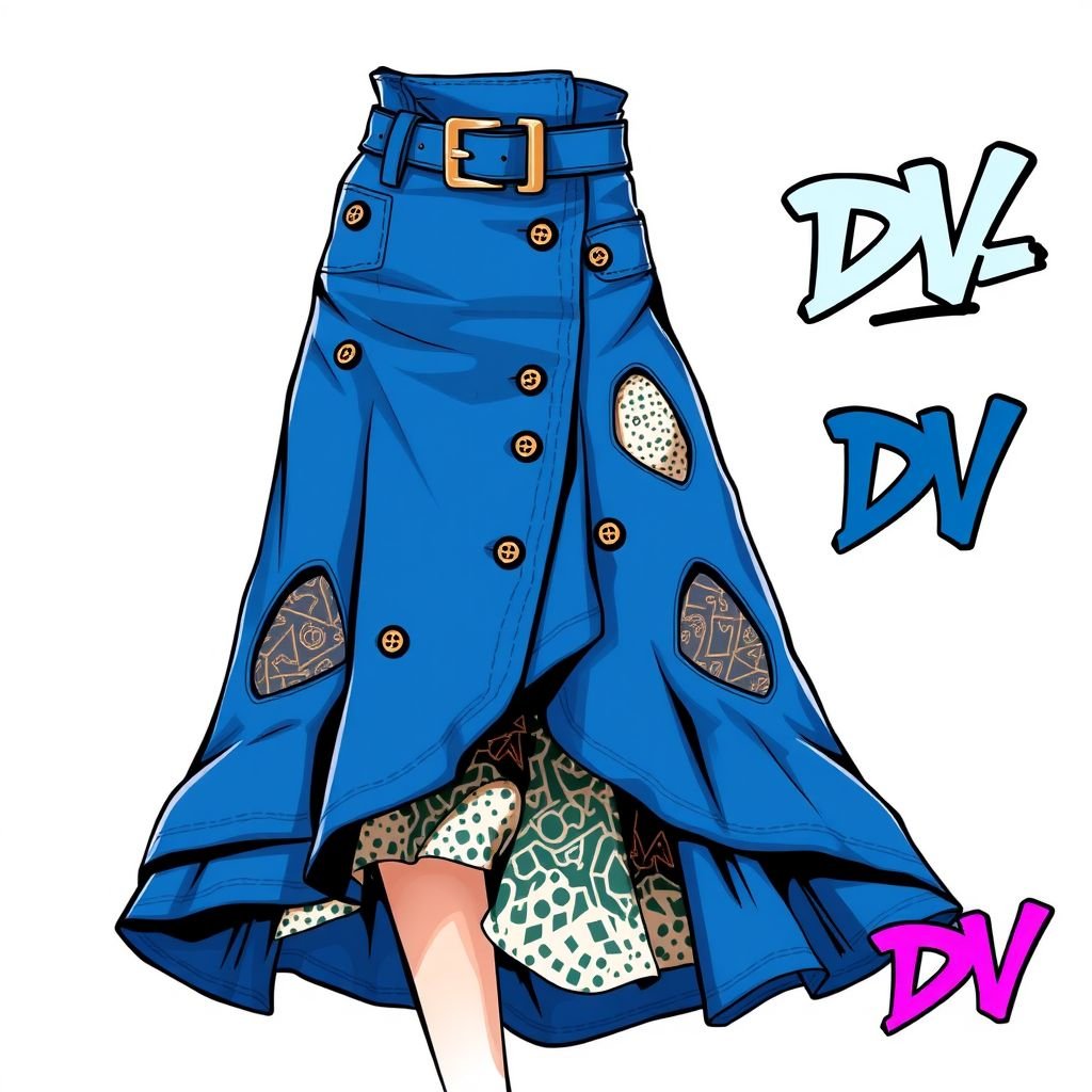 Create me a midi, blu layered skirt, with cut outs, with another layer under it..Put belt buckles on it. Put DV on it. Make it unique and different. Make sure the cut out parts have another layer under, so no skin is showing
Design a unique midi skirt embodying urban streetwear aesthetics. The skirt features bold blue layered fabric, showcasing intricate cut-outs adorned with edgy belt buckles. Underneath, a contrasting layer ensures modesty with creative patterns peeking through. Embellish with the ‘DV’ logo in a graffiti-inspired style, making this piece a true streetwear statement.