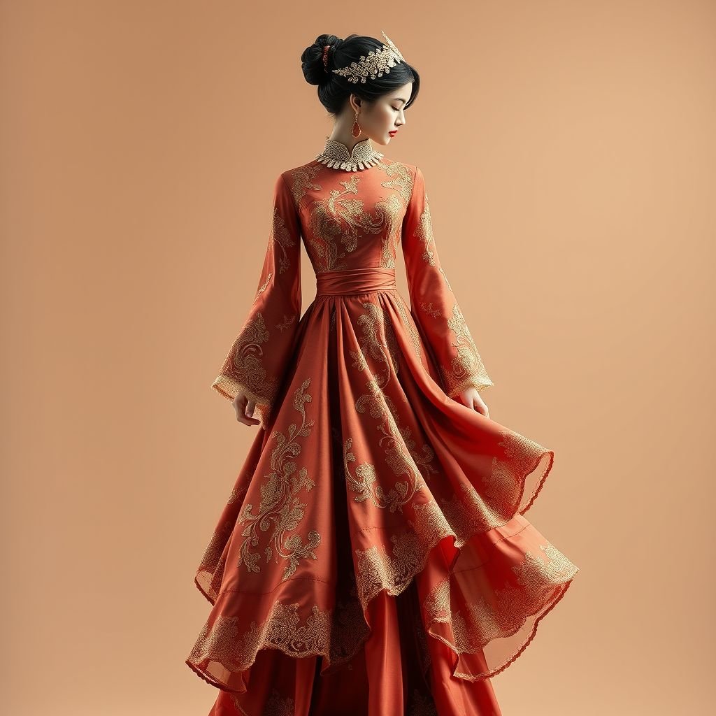 Hazaragi dress
Envision an elegant Hazaragi dress, gracefully draping in rich, jewel-toned silks. Highlight intricate, hand-embroidered motifs inspired by Hazaragi culture, complemented by delicate lace trims. The silhouette features a fitted bodice with a flowing, layered skirt that whispers elegance with every movement, crowned with a subtle, ornate headdress for refinement.