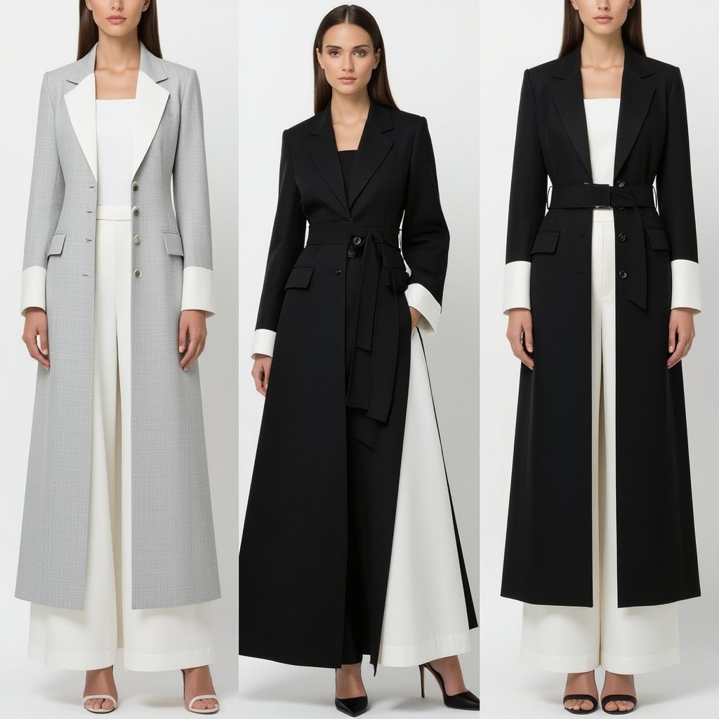 Design Description (Blazer Abaya) • Cut: Straight cut with a slight A-line for comfortable movement. Structured shoulders give a polished and elegant presence, inspired by tailored blazers. • Lapel: Classic Notched Lapel made of white cotton poplin, creating a clean contrast with the linen base. The lapel can be slightly wide to enhance the luxurious look. • Sleeves: Long straight sleeves with cotton poplin cuffs for a refined finish. Optional detail: a vertical stripe of poplin along the sleeve for a chic tailored effect. ⸻ 🧵 Materials • Main Fabric (Body): • Linen (light gray or natural beige): • Covers the entire body. • Breathable, lightweight, and comfortable for everyday wear. • Semi-formal look, perfect for work or smart-casual outings. • Secondary Fabric (Contrast): • Cotton Poplin (pure white): • Used for the lapel, cuffs, and inner lining. • Adds structure, clarity, and a high-end “clean cut” appearance. ⸻ 🎨 Suggested Colors • Light Gray × White (modern & professional). • Beige × Off-white (luxurious summer look). • Black × White (timeless & classic). ⸻ 👜 Styling • Ideal as a formal work abaya or a smart casual chic piece. • Can be paired with heels for a polished look or loafers for a sleek professional vibe.
Haute Couture fashion: Blazer Abaya. Straight A-line cut with structured shoulders. Notched cotton lapel, wide. Long sleeves with cotton cuffs. Linen body, cotton contrast for lapel and cuffs, with an inner lining. Colors: Light Gray/White, Beige/Off-white, Black/White. Elegant, structured, clean lines.
