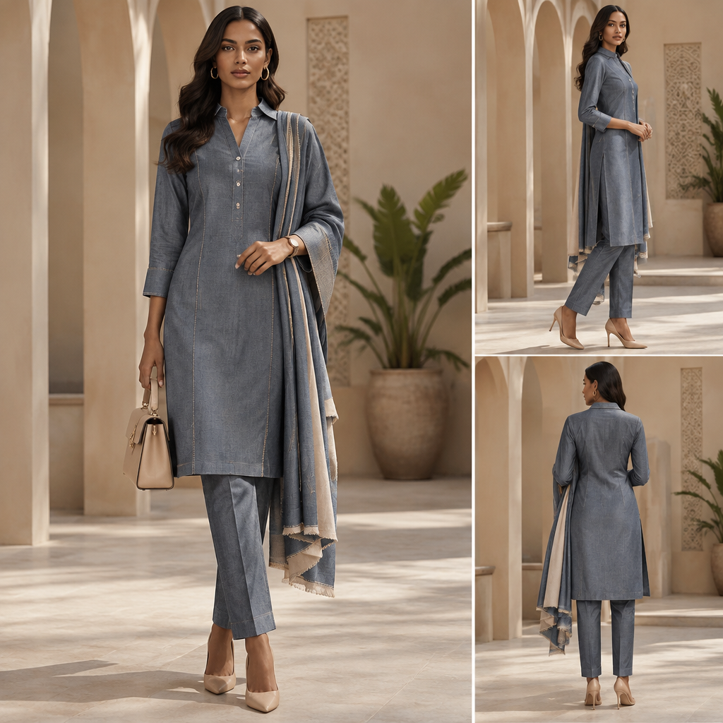 A Salwar Kameez design, made of Denim, with a sleek, smooth finish, with a Bodycon silhouette, styled in layers, in a Neutrals color palette, for Casual, in Business + Preppy style, shown on a model with deep skin tone and a slim figure. Algeria fashion aesthetics. Present it as professional fashion catalogue photography: the garment is the subject, shown full-length with editorial styling, neutral posing and tasteful, non-suggestive framing.
photorealistic fashion design, A Salwar Kameez design, made of Denim, with a sleek, smooth finish, with a Bodycon silhouette, styled in layers, in a Neutrals color palette, for Casual, in Business + Preppy style, shown on a model with deep skin tone and a slim figure. Algeria fashion aesthetics. Present it as professional fashion catalogue photography: the garment is the subject, shown full-length with editorial styling, neutral posing and tasteful, non-suggestive framing., business style, just the design no text