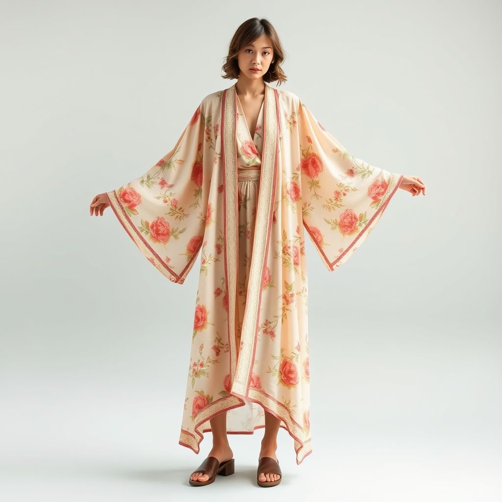Long simple kimono with long sleeves but not in style of abaya Design a relaxed, long kimono featuring flowing, oversized sleeves, emphasizing comfort and ease. Crafted from light, breathable fabrics in soft, pastel hues, the piece incorporates playful patterns like subtle florals or abstract designs. Perfect for a casual day out, it pairs effortlessly with fitted jeans or loose palazzo pants for a laid-back chic vibe.
Design a vintage-inspired long kimono characterized by flowing, oversized sleeves that exude elegance, reminiscent of the 1970s bohemian style. Use lightweight fabrics in soft pastels adorned with delicate floral prints or retro geometric patterns. This relaxed silhouette is ideal for layering, evoking nostalgia while effortlessly combining comfort with classic vintage aesthetics.