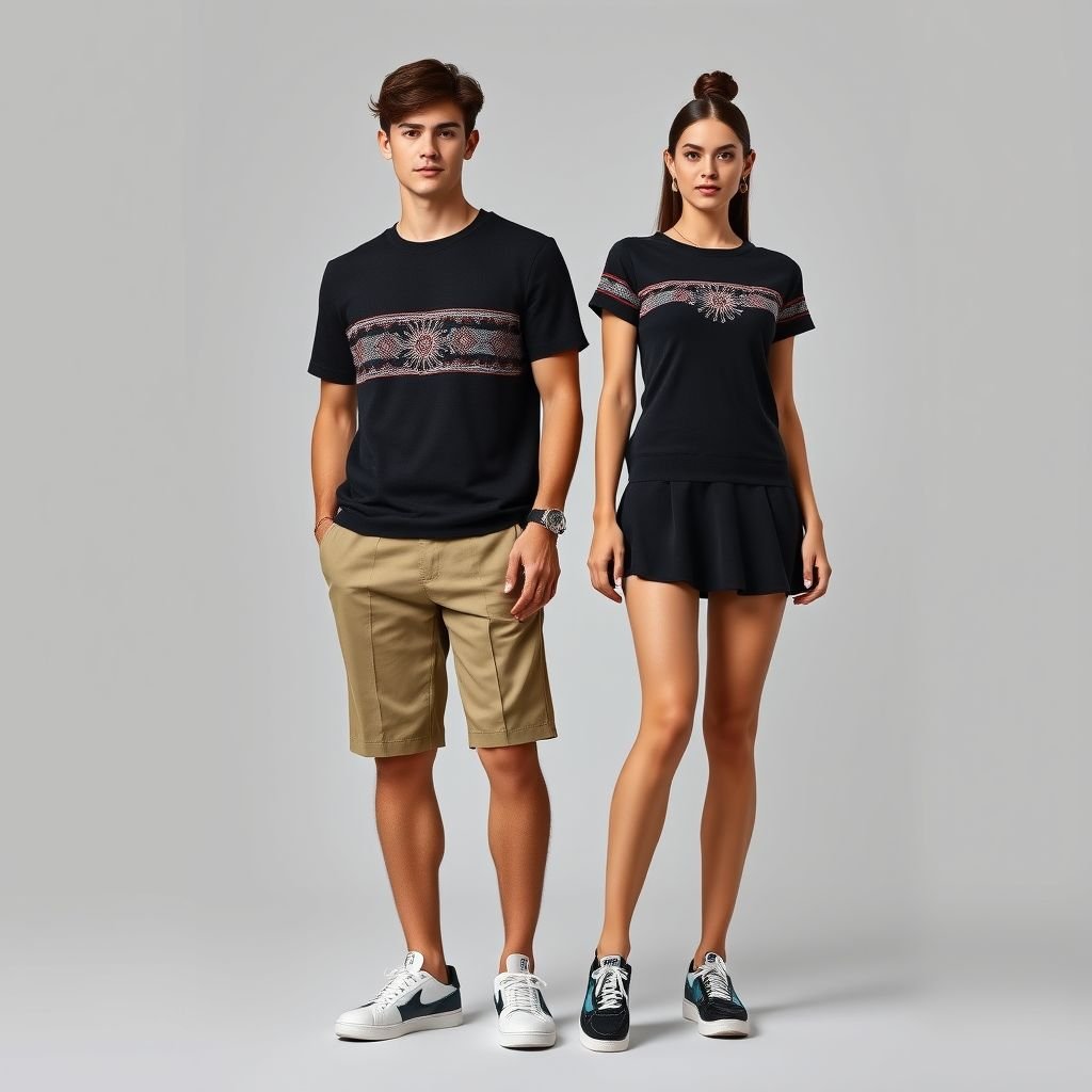 Modern Kazakh couple outfit: black t-shirt and shorts made from knitwear for men, black t-shirt and short skirt made from knitwear for girls, both with traditional Kazakh ornaments in minimalist and contemporary style. Stylish and sporty design.
Imagine a modern Kazakh couple showcasing a harmonious blend of tradition and contemporary flair. The male ensemble features a sleek black knitwear t-shirt paired with tailored shorts, while the female counterpart boasts a chic black knitwear t-shirt complemented by a playful short skirt. Both outfits are adorned with minimalist Kazakh motifs, offering athletic elegance.