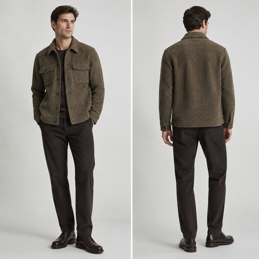 A Male Top design, made of Wool, for Work, suitable for Fall. SY fashion aesthetics. Present it as professional fashion catalogue photography: the garment is the subject, shown full-length with editorial styling, neutral posing and tasteful, non-suggestive framing.
photorealistic fashion design, A Male Top design, made of Wool, for Work, suitable for Fall. SY fashion aesthetics. Present it as professional fashion catalogue photography: the garment is the subject, shown full-length with editorial styling, neutral posing and tasteful, non-suggestive framing., just the design no text, show front and back