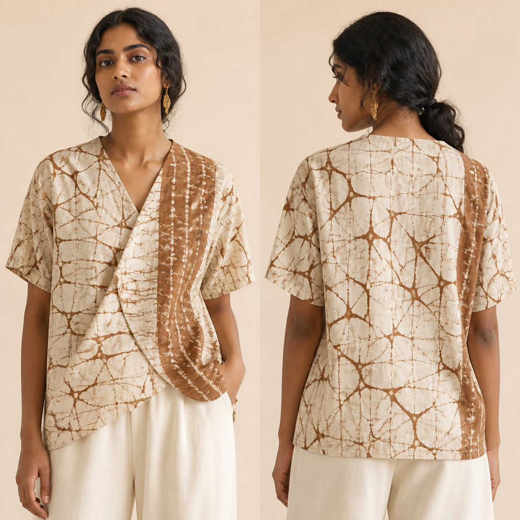 A Unisex Top design, suitable for Summer. Consider Sri Lankan fashion — kandyan saree draping, batik prints; tropical-friendly fabrics.
photorealistic fashion design, A Unisex Top design, suitable for Summer. Consider Sri Lankan fashion — kandyan saree draping, batik prints; tropical-friendly fabrics., just the design no text, show front and back