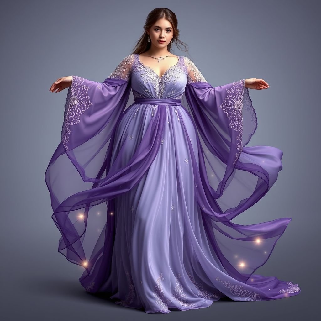 Full bodied model:) MWAH UR JUST TOO GOOD Design the most breathtakingly beautiful dress ever imaginedâan ethereal fusion of nature and elegance. The gown should flow like a waterfall at sunrise, shimmering with iridescent hues of soft gold, rose quartz, and celestial blue. The bodice is delicately embroidered with patterns inspired by blooming wildflowers and constellations, incorporating pearls, crystals, and fine golden thread. The skirt billows like a cloud, made from layers of the lightest silk and tulle, glowing subtly from within like moonlight on snow. The overall silhouette evokes grace, strength, and divine femininityâa dress worthy of a queen from a heavenly realm, standing in a field of wild lavender at twilight.â Think ORTHODOX ð«¶ð¥°
Design an enchanting gown for a fuller-bodied model that embodies the essence of a divine goddess. The dress cascades in layers of gossamer silk and satin, mimicking the gentle drapes of ancient robes. Soft lavender and deep amethyst hues blend harmoniously, adorned with intricate lace and pearl appliqués. The sleeves resemble delicate wings, fluttering with every movement, while the cinched waist accentuates curves in a tasteful, regal manner. A flowing train trails behind like a river of stars, highlighted with subtle luminescence, adding to the ethereal aura. This design captures the spirit of grace, strength, and timeless elegance, perfect for a celebration of beauty in diversity.