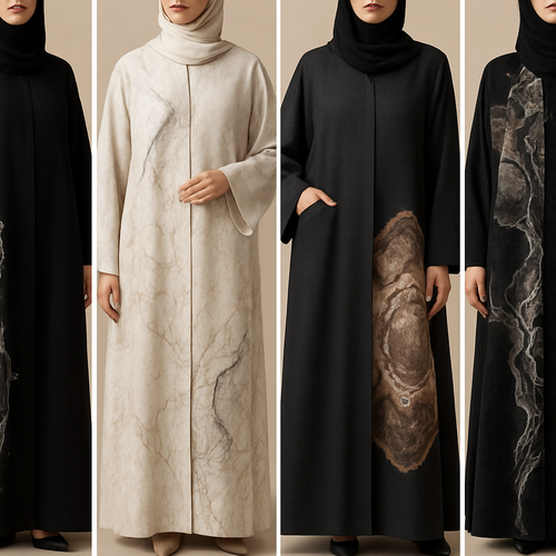 Create a modest abaya that’s the first of its kind, featuring a unique stone design that exudes a classy and sophisticated vibe. I’d like four designs, each showcasing different styles and fabrics. Incorporate high-end, unique chic stone designs to make them truly special.