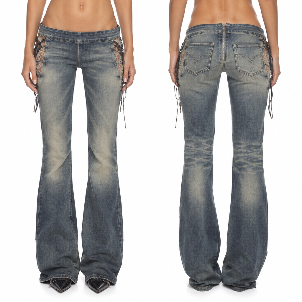 Low rise jeans no buttons in the front with a zip in the back and lace in the hip side not all the way down
photorealistic fashion design, Low rise jeans no buttons in the front with a zip in the back and lace in the hip side not all the way down , y2k style, just the design no text, show front and back