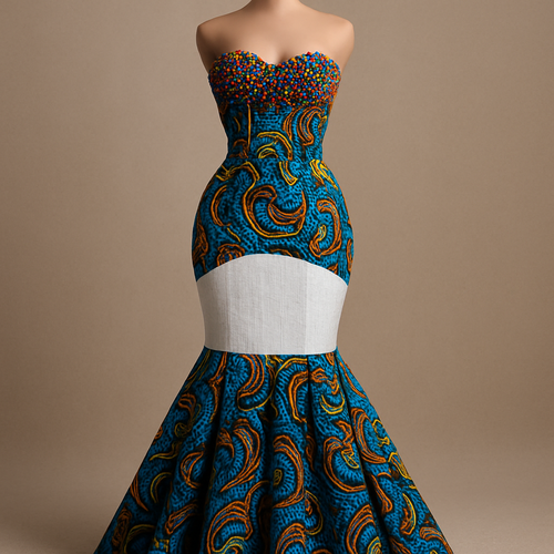 A gorgeous gown made in Ankara and aso oke with colorful beads as trape tights at the upper bust, mixed white fabric and aso oke at the lower bodice 