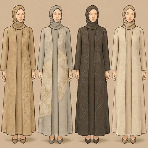 Create a modest two-piece linen abaya, the first of its kind, featuring a unique stone design that exudes a classy and sophisticated vibe. I’d like four designs, each showcasing different styles and fabrics. Incorporate high-end, unique chic stone designs to make them truly special. Add little sophisticated stone designs.