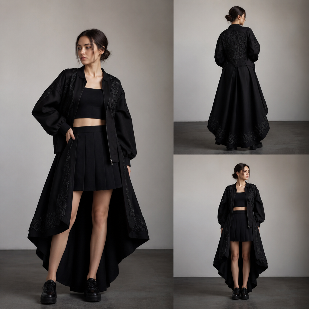 A Unisex Lehenga design. qiz bola. kalta yubka qora rangi, kalta fidbolka , jaket, tufli qora. UZ fashion aesthetics. Present it as professional fashion catalogue photography: the garment is the subject, shown full-length with editorial styling, neutral posing and tasteful, non-suggestive framing.
photorealistic fashion design, A Unisex Lehenga design. qiz bola. kalta yubka qora rangi, kalta fidbolka , jaket, tufli qora. UZ fashion aesthetics. Present it as professional fashion catalogue photography: the garment is the subject, shown full-length with editorial styling, neutral posing and tasteful, non-suggestive framing., just the design no text