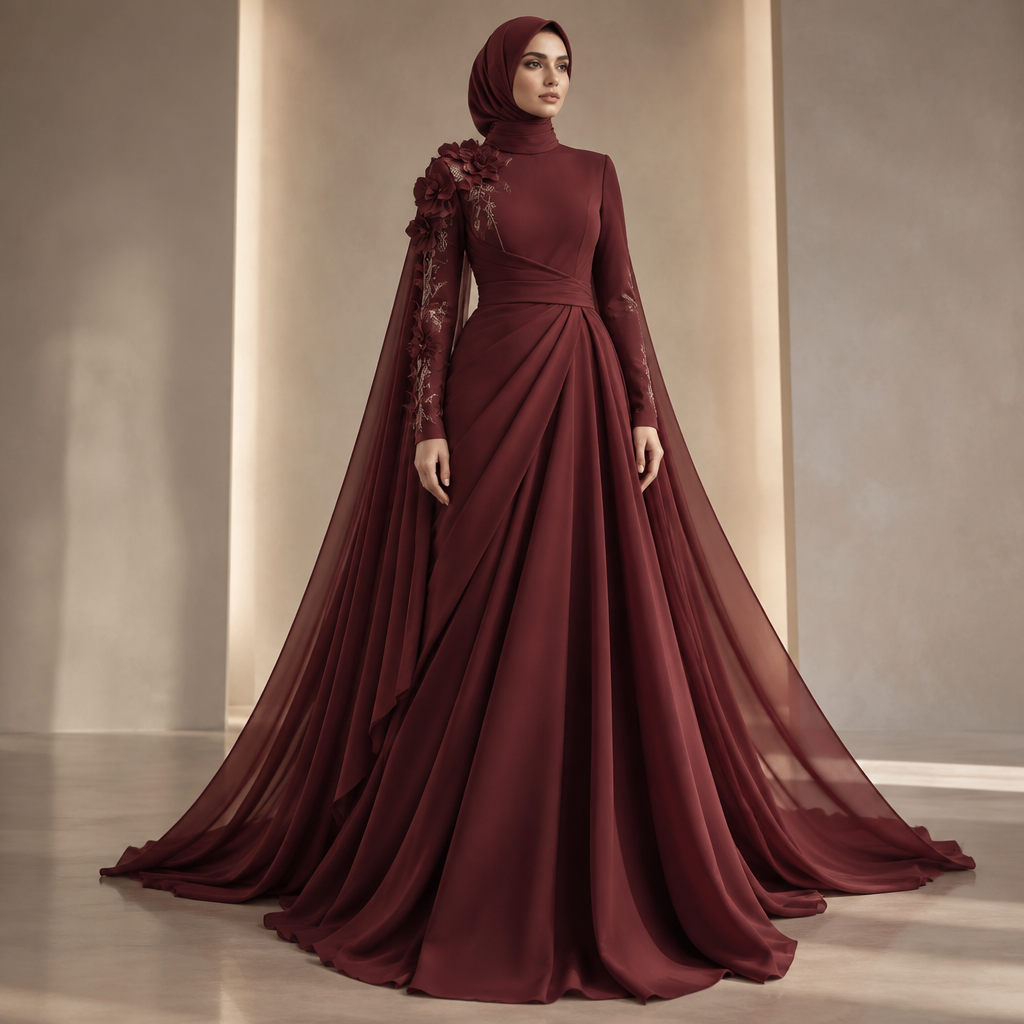 Create an original luxury modest evening gown for a young hijabi woman. Make it full-length and floor-sweeping, elegant and graceful, with a flowing silhouette that is not tight or oversized. The dress must have a high neckline, full-length sleeves, completely covered chest and back, and no transparency or high slit. Use luxurious matte burgundy crepe as the main fabric with a soft satin lining. Add a beautiful sculptural draping detail around the waist that creates an elegant shape without being body-hugging. From the shoulders, add a soft lightweight chiffon or georgette cape that flows dramatically behind the gown. Add delicate three-dimensional fabric petals on one shoulder and subtly continue them down the sleeve, with very fine muted champagne embroidery as a small detail. The silhouette should be unusual, feminine, sophisticated and memorable, not like a traditional abaya or ordinary evening gown. It should look expensive, youthful and couture-inspired, while remaining modest and wearable. Show the complete garment clearly from the front, with realistic fabric texture and beautiful natural draping. Clean luxury fashion studio setting.
photorealistic fashion design, Create an original luxury modest evening gown for a young hijabi woman. Make it full-length and floor-sweeping, elegant and graceful, with a flowing silhouette that is not tight or oversized. The dress must have a high neckline, full-length sleeves, completely covered chest and back, and no transparency or high slit. Use luxurious matte burgundy crepe as the main fabric with a soft satin lining. Add a beautiful sculptural draping detail around the waist that creates an elegant shape without being body-hugging. From the shoulders, add a soft lightweight chiffon or georgette cape that flows dramatically behind the gown. Add delicate three-dimensional fabric petals on one shoulder and subtly continue them down the sleeve, with very fine muted champagne embroidery as a small detail. The silhouette should be unusual, feminine, sophisticated and memorable, not like a traditional abaya or ordinary evening gown. It should look expensive, youthful and couture-inspired, while remaining modest and wearable. Show the complete garment clearly from the front, with realistic fabric texture and beautiful natural draping. Clean luxury fashion studio setting., just the design no text