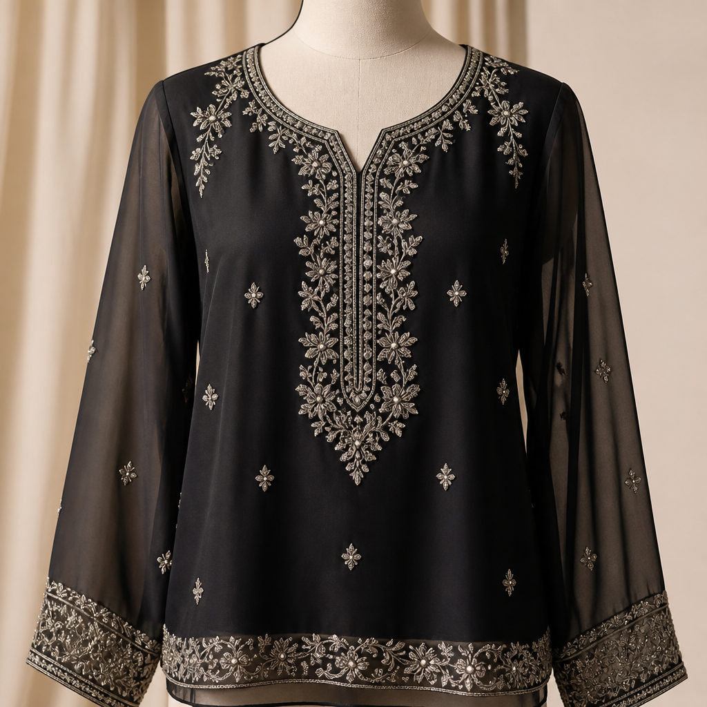 A Top design, in Classic style. chiffon fabric with black color... designed with hand embroidery with silver tilla and cut beads. Pakistan fashion aesthetics.
photorealistic fashion design, A Top design, in Classic style. chiffon fabric with black color... designed with hand embroidery with silver tilla and cut beads. Pakistan fashion aesthetics., classic style, just the design no text