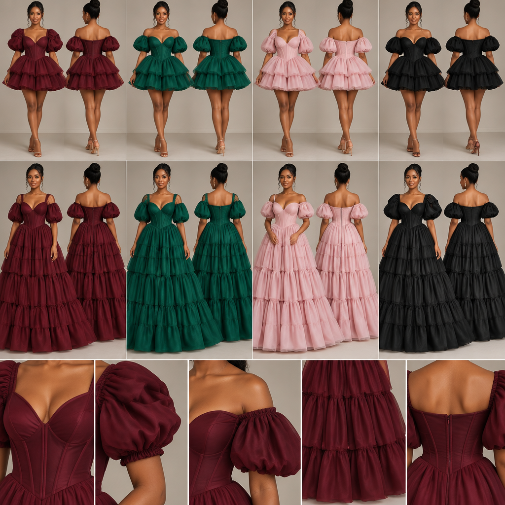 Create an original ready-to-wear women’s gown design based on this concept. I want ONE signature dress shown in both a SHORT MINI VERSION and a LONG MAXI VERSION.
The dress should be feminine, cheerful, playful, flattering and suitable for different body types. It should feel youthful and beautiful but still sophisticated and commercially wearable.
Bodice: A structured corset-inspired bodice with a flattering deep V neckline. The bust should be properly supported and shaped, with visible princess seams/paneling that create a defined waist without making the dress look like lingerie. The waist should be fitted and flattering, but the design must accommodate different body shapes.
Sleeves: Full, fluffy puff sleeves with an elastic/adjustable construction that allows them to be worn either on the shoulder or off the shoulder. Show both sleeve options clearly.
Skirt: A voluminous, fluffy, tiered skirt with beautiful movement. The short version should be a playful mini length with a full, bouncy silhouette. The long version should be a dramatic maxi length with multiple soft tiers and volume. The skirt should flow from the fitted corset waist and create a flattering hourglass silhouette without being restrictive around the hips.
Construction: Make the design realistic for actual ready-to-wear production. Include a practical back zipper and proper lining. The corset should be structured but comfortable enough for customers to wear for several hours.
Fabric: Use a beautiful solid-colour fabric with enough body to create the fluffy skirt while remaining comfortable and wearable. NO PRINT, NO PATTERN, NO ANKARA, NO FLORAL PRINT.
Colourways: Show the same dress in four separate solid colours: deep wine/burgundy, emerald green, dusty/powder pink and black.
Presentation: Show the short and long versions side by side, front and back views, plus close-up details of the corset neckline, sleeve options and tiered skirt. Make it look like a professional contemporary Nigerian ready-to-wear fashion collection, not haute couture or a costume.
photorealistic fashion design, Create an original ready-to-wear women’s gown design based on this concept. I want ONE signature dress shown in both a SHORT MINI VERSION and a LONG MAXI VERSION.
The dress should be feminine, cheerful, playful, flattering and suitable for different body types. It should feel youthful and beautiful but still sophisticated and commercially wearable.
Bodice: A structured corset-inspired bodice with a flattering deep V neckline. The bust should be properly supported and shaped, with visible princess seams/paneling that create a defined waist without making the dress look like lingerie. The waist should be fitted and flattering, but the design must accommodate different body shapes.
Sleeves: Full, fluffy puff sleeves with an elastic/adjustable construction that allows them to be worn either on the shoulder or off the shoulder. Show both sleeve options clearly.
Skirt: A voluminous, fluffy, tiered skirt with beautiful movement. The short version should be a playful mini length with a full, bouncy silhouette. The long version should be a dramatic maxi length with multiple soft tiers and volume. The skirt should flow from the fitted corset waist and create a flattering hourglass silhouette without being restrictive around the hips.
Construction: Make the design realistic for actual ready-to-wear production. Include a practical back zipper and proper lining. The corset should be structured but comfortable enough for customers to wear for several hours.
Fabric: Use a beautiful solid-colour fabric with enough body to create the fluffy skirt while remaining comfortable and wearable. NO PRINT, NO PATTERN, NO ANKARA, NO FLORAL PRINT.
Colourways: Show the same dress in four separate solid colours: deep wine/burgundy, emerald green, dusty/powder pink and black.
Presentation: Show the short and long versions side by side, front and back views, plus close-up details of the corset neckline, sleeve options and tiered skirt. Make it look like a professional contemporary Nigerian ready-to-wear fashion collection, not haute couture or a costume., just the design no text, show front and back