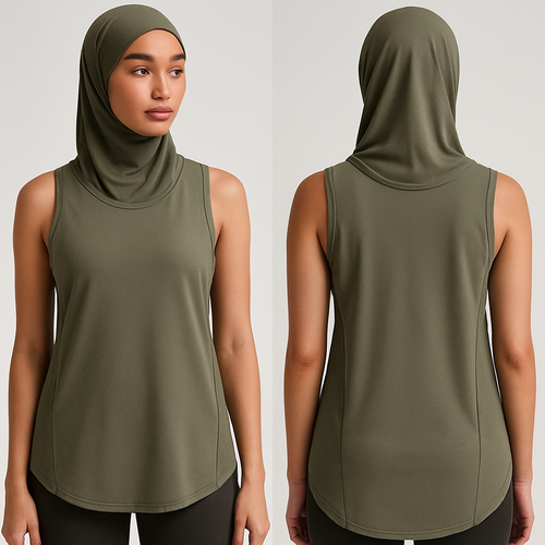 A lightweight, sleeveless training top with an integrated sports hijab, designed to provide modest coverage while maintaining full freedom of movement. The silhouette is slightly A-line with a longer curved back hem for hip coverage.
Features include wide armholes for ventilation, flatlock seams for comfort, and a breathable mesh side panel for airflow. The attached hijab is made from a soft, stretch performance knit that stays secure during workouts without the need for pins.