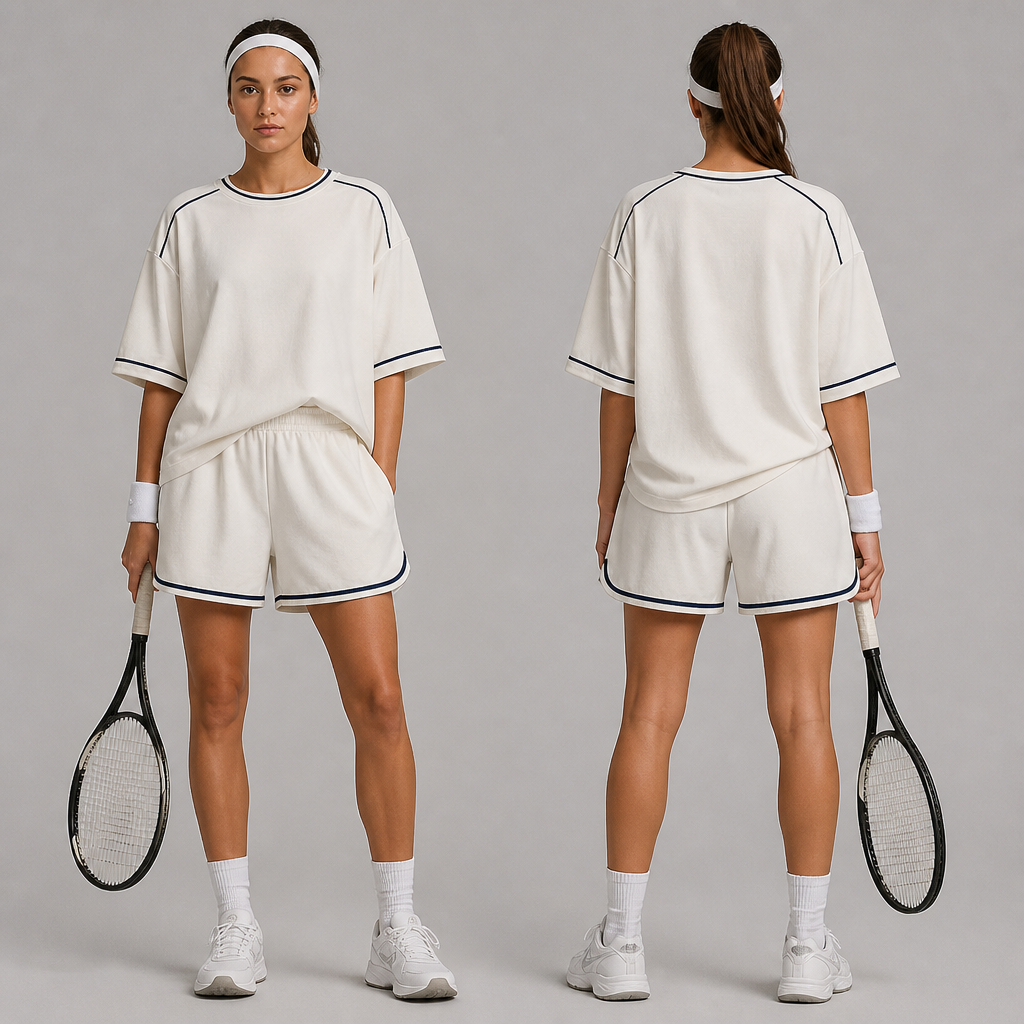 Une joueuse de tennis avec un short oversize et un top overzise.
photorealistic fashion design, Une joueuse de tennis avec un short oversize et un top overzise. , tenniscore style, just the design no text, show front and back