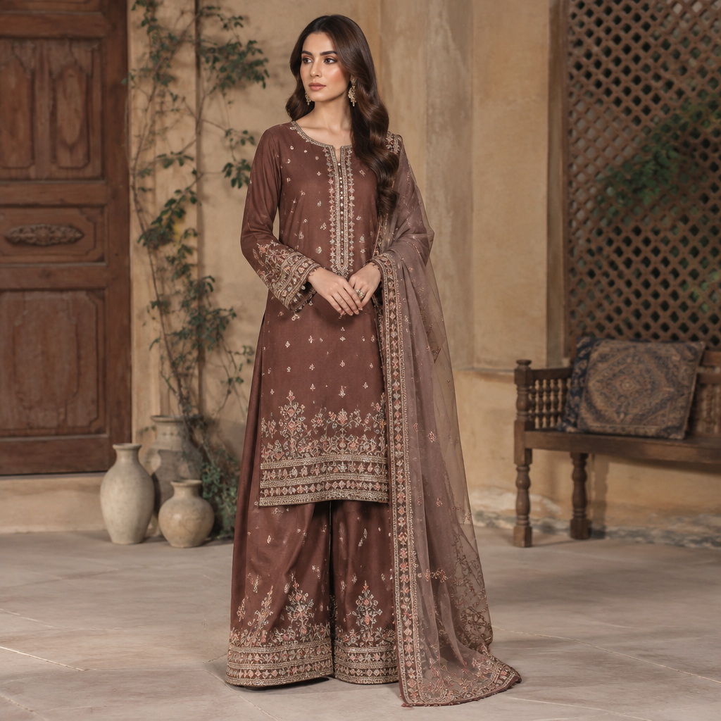 A Female Dress design, suitable for Fall. Consider Pakistani fashion — shalwar kameez, gharara, sharara; lawn fabrics, chiffon; intricate embroidery and mirror work. Current season is Autumn in Pakistan. Present it as professional fashion catalogue photography: the garment is the subject, shown full-length with editorial styling, neutral posing and tasteful, non-suggestive framing.
photorealistic fashion design, A Female Dress design, suitable for Fall. Consider Pakistani fashion — shalwar kameez, gharara, sharara; lawn fabrics, chiffon; intricate embroidery and mirror work. Current season is Autumn in Pakistan. Present it as professional fashion catalogue photography: the garment is the subject, shown full-length with editorial styling, neutral posing and tasteful, non-suggestive framing., just the design no text