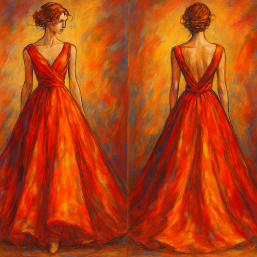 Elegant silk sun, inspired red orange yellow dress with bright colors and silk and tool
