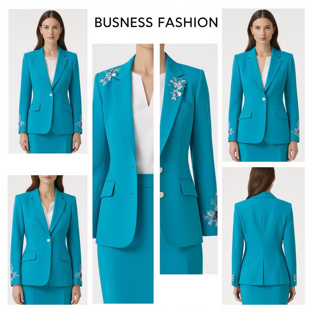 Longline Blazer Coat (Ankle-Length) Cut: • Straight Longline Blazer Coat with a slight A-Line flare for freedom of movement and elegance. • Length: from shoulder to ankle, creating a Blazer-Abaya Fusion. • Structured shoulders to highlight a formal silhouette, balanced with flowy movement towards the bottom. ⸻ Fabric Distribution: 1. Plain Aqua Fabric: • Full body (front and back). • Full-length sleeves. • Main base of the blazer for a sleek and elegant look. 2. Floral Embroidery Fabric: • Full lapels (Lapel) embroidered for a luxurious first impression. • Side panels running vertically from shoulder to hem to enhance height and elongation. • Front pocket flaps crafted from embroidered fabric. • Optional: a fine vertical embroidered line along the center back to emphasize length. ⸻ Finishing Details: • Buttons: either covered with embroidered fabric (covered buttons) or delicate ivory glossy buttons for contrast. • Sleeves: straight with a subtle inside fold of embroidered fabric (no traditional cuffs). • Lining: ivory or off-white to complement the embroidery and elevate the luxurious feel. • Back slit: a small slit at the hem to ensure ease of movement with the long cut. ⸻ ✨ Result • From afar: a refined long blazer in a sleek aqua tone. • Up close: intricate embroidery adds sophistication on the lapels, side panels, and buttons. • Outcome: a hybrid design between a modern blazer and a classic abaya — perfect for elegant occasions.
Business fashion: Ankle-length aqua straight longline business blazer, slight A-line. Structured shoulders. Aqua fabric on body and sleeves. Floral embroidery on lapels, side panels, pocket flaps, and optional back-line. Covered or ivory buttons. Straight sleeves with embroidered inner fold. Ivory lining. Small back slit for movement.