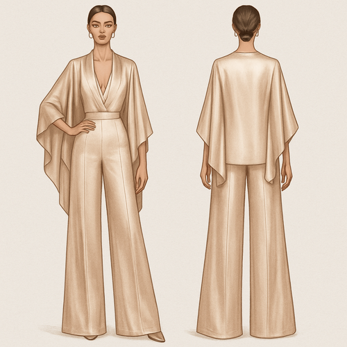 Вечерний костюм из шелка . Брюки высокая посадка широкие. Топ и накидка как пиджак