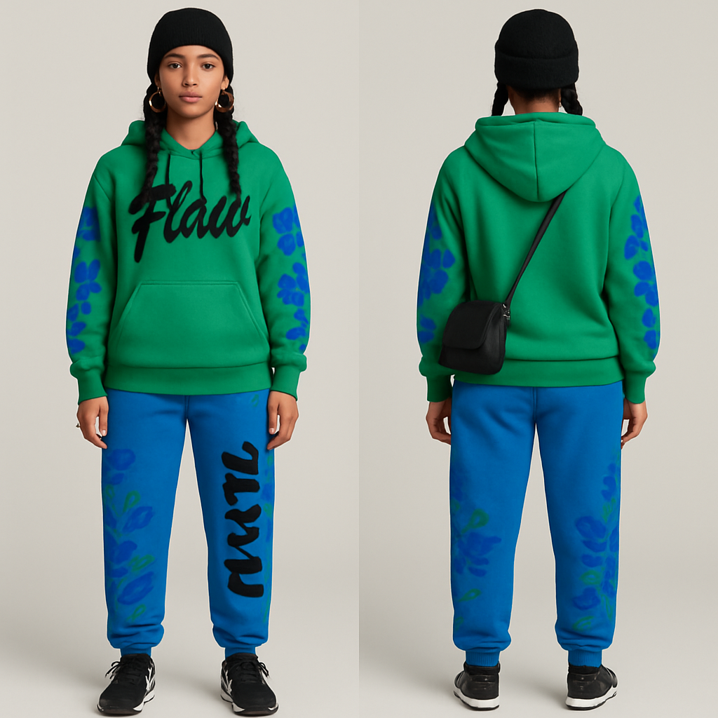 Green and blue jogging suit hoodie with bold words Flaw in abbreviation on it in Black in cursive braids gold hoop earrings and gold bracelet flowers on the sleeves and pants Black cross body purse and black nike shoes a black beanie
Green and blue jogging suit hoodie with bold words Flaw in abbreviation on it in Black in cursive braids gold hoop earrings and gold bracelet flowers on the sleeves and pants Black cross body purse and black nike shoes a black beanie , show front and back