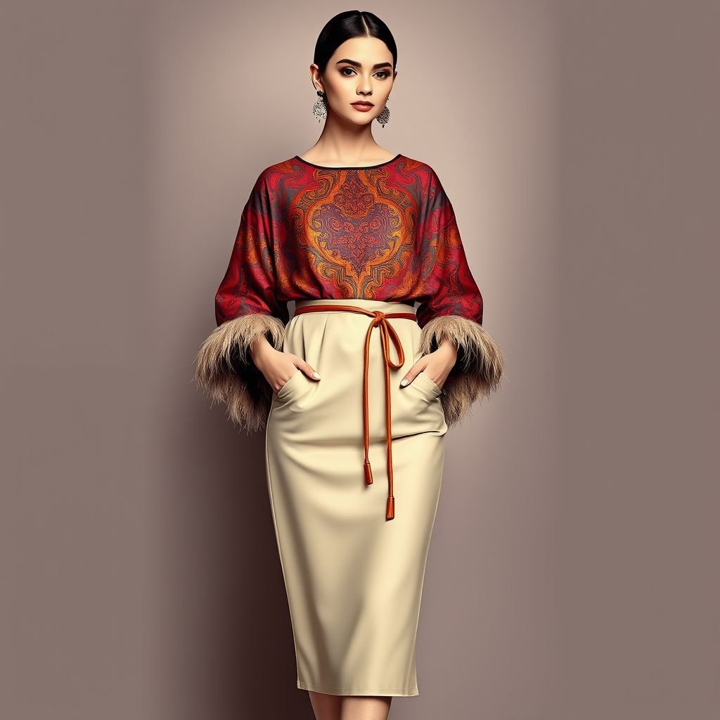A 2 piece which is a straight skirt (plain) and free bubu kaftan knee length top (patterned) a little pencil at the bottom with rope inside for fitting. Sleeve edge with feathers while the front of the bubu kaftan is with appliqué to full length
Design a glamorous two-piece ensemble featuring a sleek, plain straight skirt paired with an elegant knee-length bubu kaftan. The kaftan showcases a vibrant, intricate pattern, cinched at the waist with a chic rope for a fitted silhouette. Feathered sleeve edges add a touch of opulence, while exquisite appliqué embellishes the front, exuding sophistication and style. Perfect for high-fashion events!