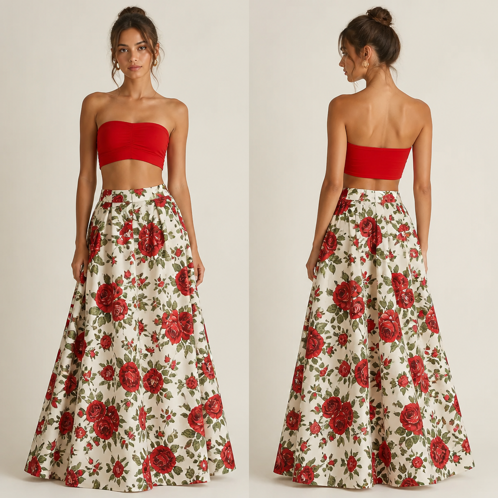suitable for Summer, in Vintage style. 2 piece with the top being a completely red strapless bandeau and the bottom being a maxi skirt in a bell shape which has red roses print all over with the stem and leaves in green. Canada fashion aesthetics.
photorealistic fashion design, suitable for Summer, in Vintage style. 2 piece with the top being a completely red strapless bandeau and the bottom being a maxi skirt in a bell shape which has red roses print all over with the stem and leaves in green. Canada fashion aesthetics., vintage style, just the design no text, show front and back
