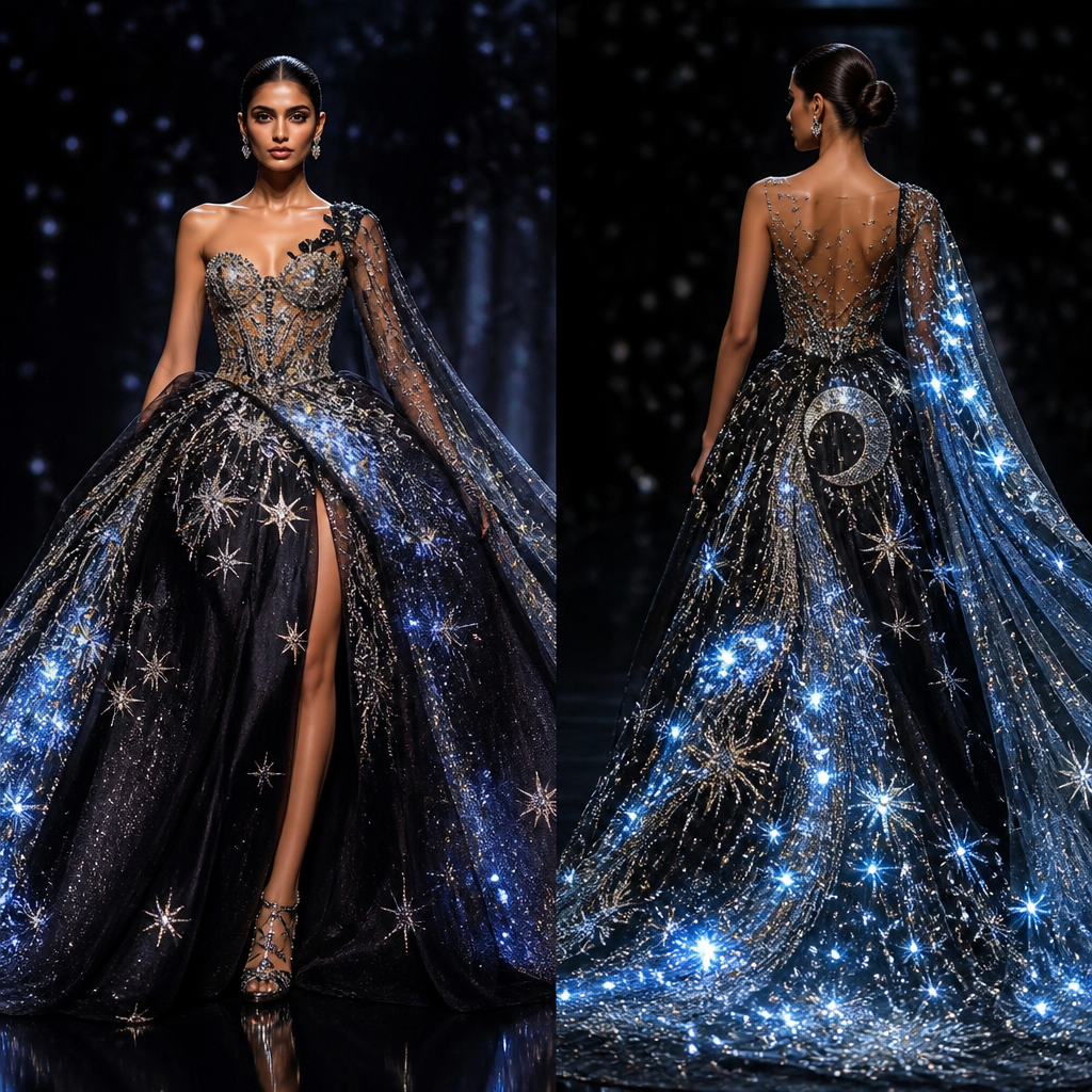 made of Satin, in Luxury + Runway + Designer style. Theme: The beauty of the night sky.
Concept: A luxury couture gown inspired by stars, galaxies, and moonlight. The bodice is covered with hand-placed black and silver crystals, while the skirt flows like a galaxy with glowing crystal embroidery. Fiber-optic lights hidden inside the dress create a shimmering effect on the runway.
Materials:
Black silk satin
Organza
Swarovski crystals
Rhinestones
Fiber-optic lights
Metallic embroidery
Mirror beads
Runway Story: The model walks through darkness as the gown gradually lights up, making her look like the queen of the universe.. India fashion aesthetics.
photorealistic fashion design, made of Satin, in Luxury + Runway + Designer style. Theme: The beauty of the night sky.
Concept: A luxury couture gown inspired by stars, galaxies, and moonlight. The bodice is covered with hand-placed black and silver crystals, while the skirt flows like a galaxy with glowing crystal embroidery. Fiber-optic lights hidden inside the dress create a shimmering effect on the runway.
Materials:
Black silk satin
Organza
Swarovski crystals
Rhinestones
Fiber-optic lights
Metallic embroidery
Mirror beads
Runway Story: The model walks through darkness as the gown gradually lights up, making her look like the queen of the universe.. India fashion aesthetics., luxury style, just the design no text, show front and back