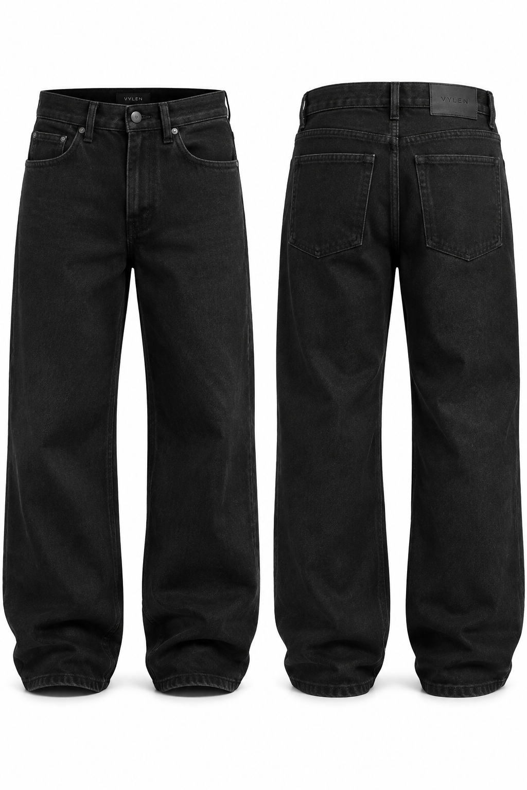 Design a premium black raw denim jean for a new Scandinavian streetwear brand called VYLEN. Relaxed straight fit with a slightly baggy silhouette, heavyweight 14–15 oz denim, deep black color, minimal branding, subtle VYLEN leather patch on the back waistband, custom dark metal hardware, clean back pockets, premium construction, realistic front and back fashion product render, no model, white studio background.
Design a premium black raw denim jean for a new Scandinavian streetwear brand called VYLEN. Relaxed straight fit with a slightly baggy silhouette, heavyweight 14–15 oz denim, deep black color, minimal branding, subtle VYLEN leather patch on the back waistband, custom dark metal hardware, clean back pockets, premium construction, realistic front and back fashion product render, no model, white studio background.
, streetwear style