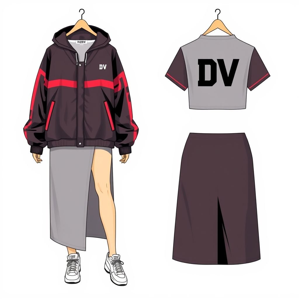 Women’s windbreaker skirt and shirt set, with no long splits. I want the skirt to be midi. Put “DV” somewhere on it. I don’t want the belly showing. And don’t add any jewelry
Design a chic women's streetwear ensemble featuring a contemporary midi windbreaker skirt and matching cropped shirt, both crafted from lightweight, breathable material. The skirt should have a sporty silhouette without long splits, while the shirt sits comfortably above the waist with a bold “DV” logo prominently displayed, embodying urban flair.