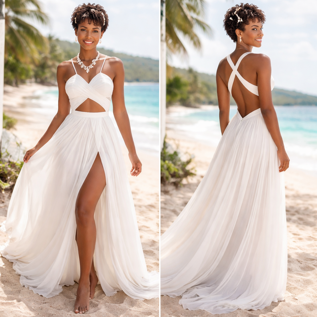 Lightsking woman
Short hair cut curls
White beach wedding
with thick straps crossing over chest hide stomach
Pearls in hair
Seashell necklace
Long flowy bottom of dress
Lightsking woman
Short hair cut curls
White beach wedding
with thick straps crossing over chest hide stomach
Pearls in hair
Seashell necklace
Long flowy bottom of dress , beach style, show front and back