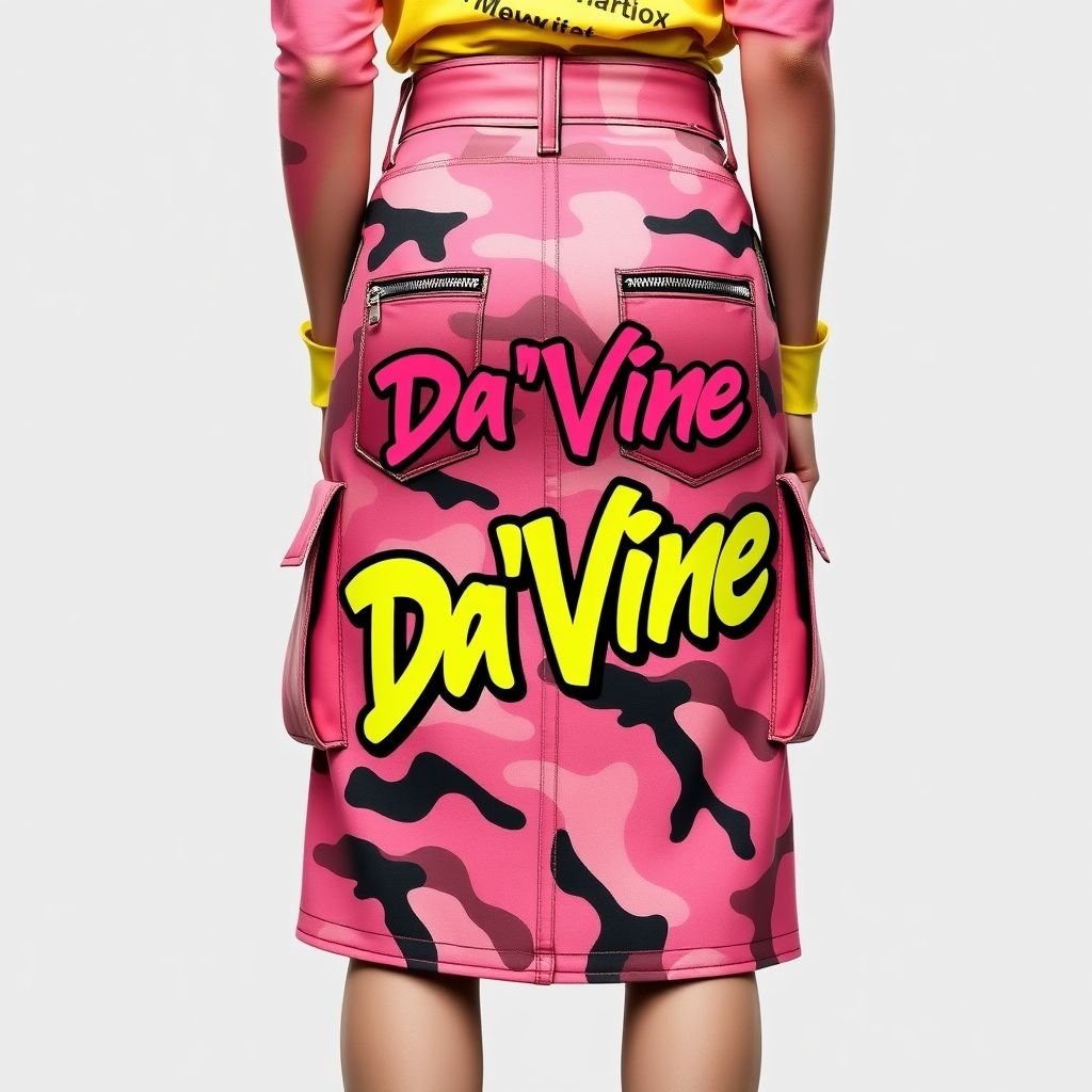 I want you to create a YK2 midi skirt, with pockets and a zipper on the side. Make it pink camo. And add Da’Vine on the back pocket.
Design a YK2-inspired midi skirt that embodies edgy streetwear vibes, featuring a bold pink camo pattern. Incorporate oversized side pockets and a sleek zipper for functionality. Adorn the back pocket with the name “Da’Vine” in a vibrant graffiti font. Complete the look with contrasting stitching for an urban, avant-garde aesthetic.