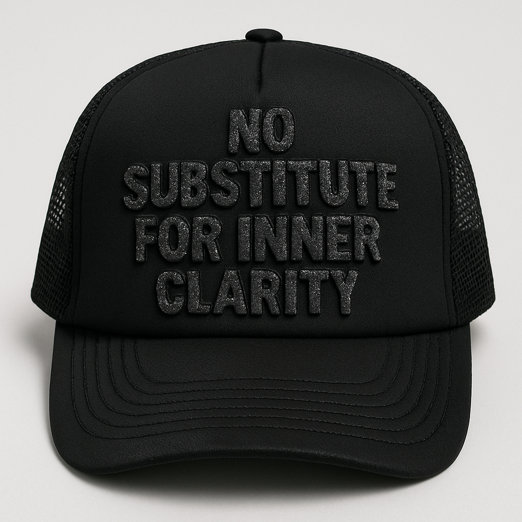 A foam trucker with raised glittery embroidery on the text in black saying no substitute for inner clarity
A foam trucker with raised glittery embroidery on the text in black saying no substitute for inner clarity