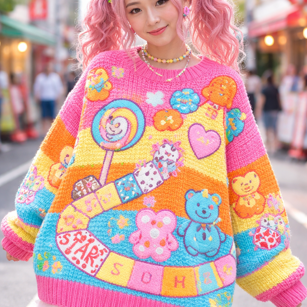 cute chunky neon cartoon candy land board game sweater
Japanese Street fashion design: Oversized cotton sweater, bright pink, orange, yellow, and blue, with large cartoon candy and board game patterns. Chunky knit, relaxed fit, playful Japanese Harajuku style.
