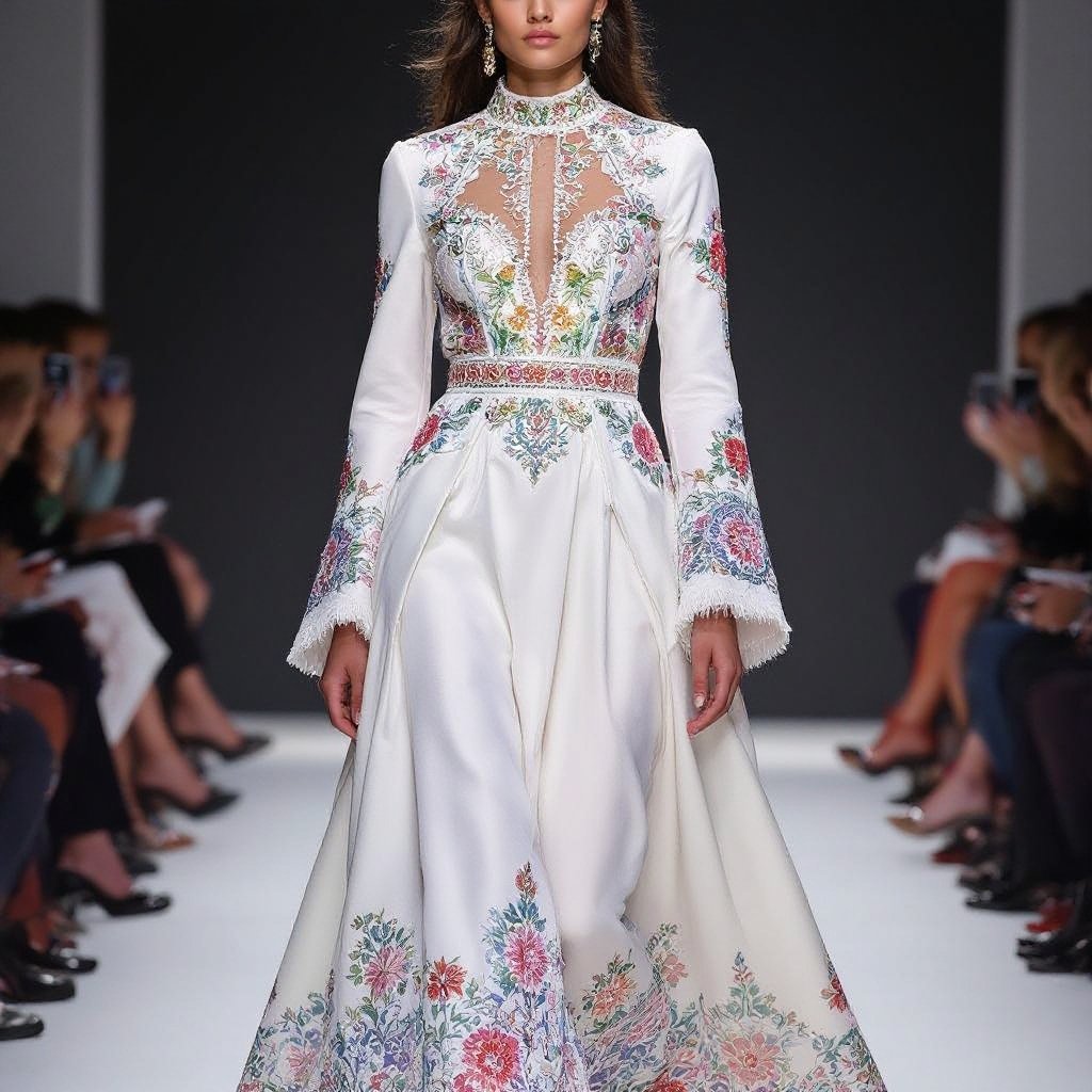 Cultural
Cultural, a-line silk dress with embroidered details, high neckline, and long sleeves.