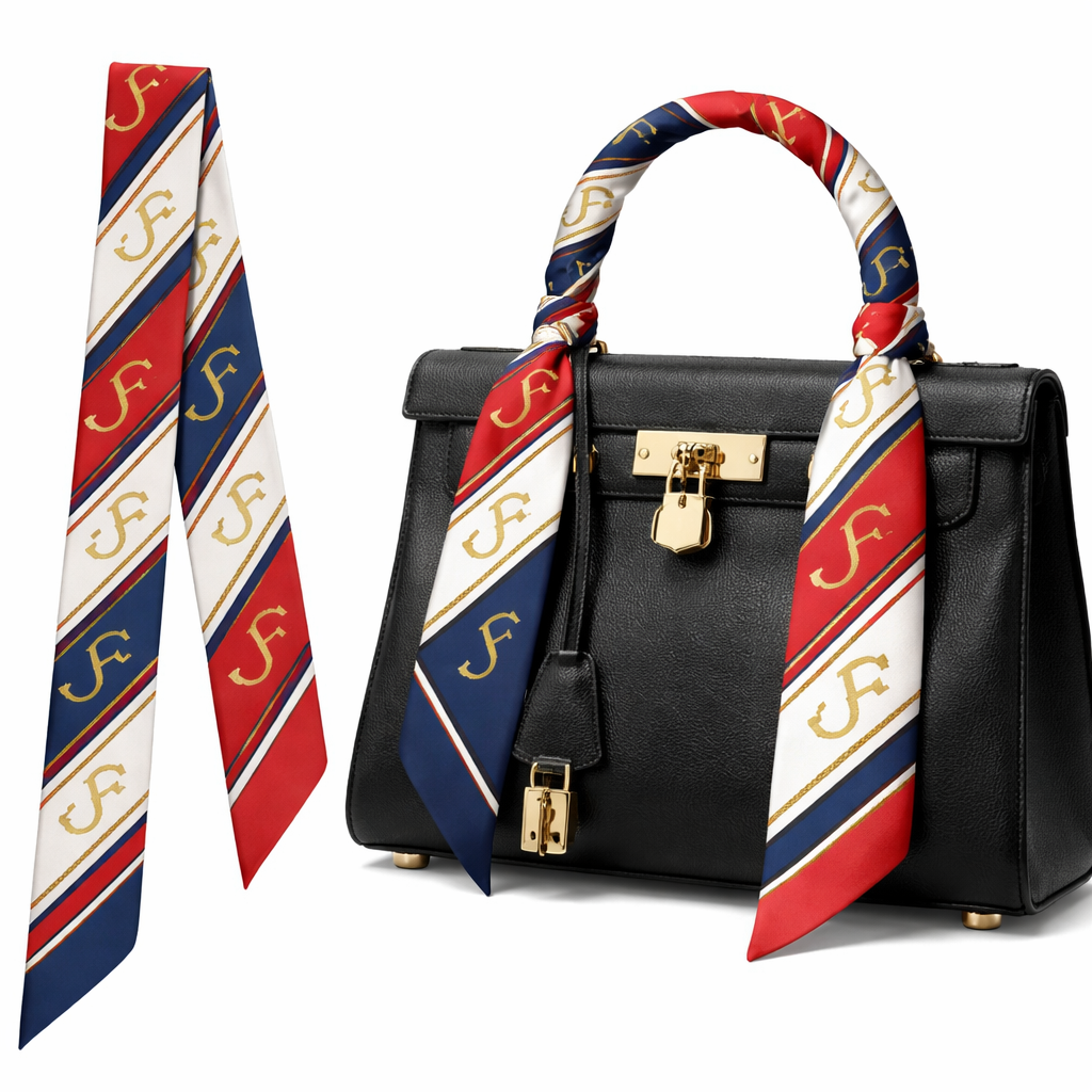 Silk scarf that is 5x86cm designed for a handle on a Kelly style bag using the initials in JF is a diagonal pattern. A little bit brighter
Silk scarf that is 5x86cm designed for a handle on a Kelly style bag using the initials in JF is a diagonal pattern. A little bit brighter, classic style