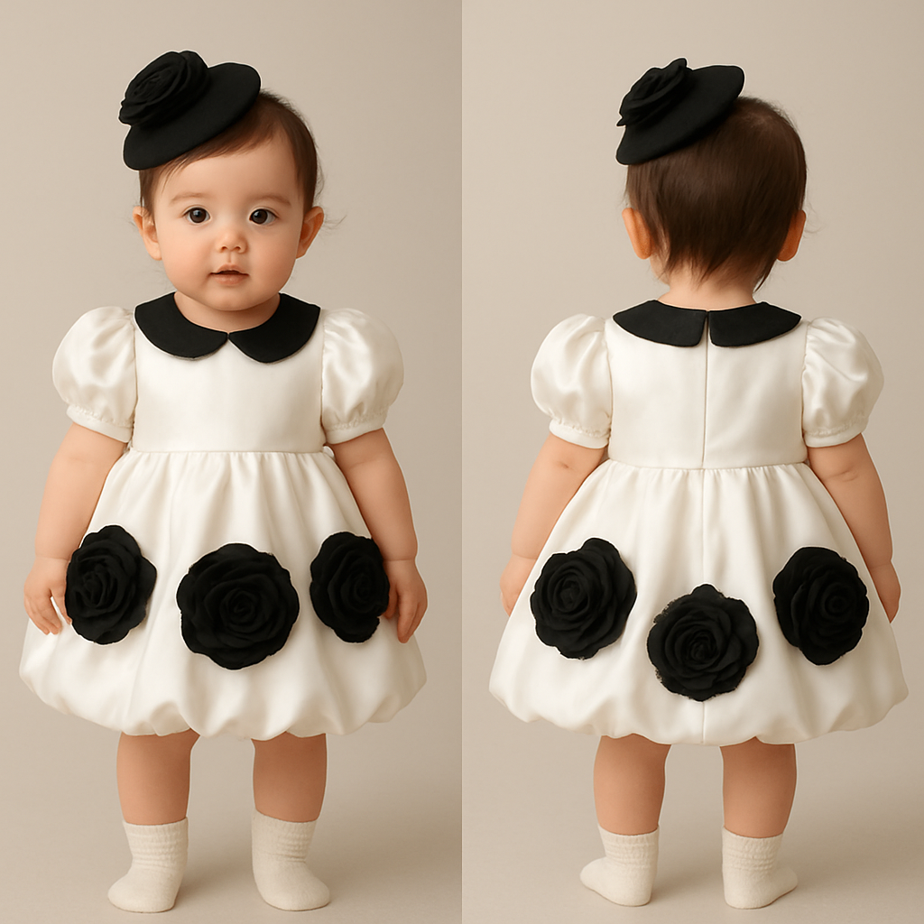 一歳の女の子着用画
白のサテンドレス、襟は丸くて黒、バルーンスカートで丈は膝上
パフスリーブ(ボリュームあり)
サテンの黒の大きなバラをスカート部分の前側と後ろ側に均等に3つずつバランスよくつけて
頭には黒のカクテルハット、同じバラを小さめで着けて
一歳の女の子着用画
白のサテンドレス、襟は丸くて黒、バルーンスカートで丈は膝上
パフスリーブ(ボリュームあり)
サテンの黒の大きなバラをスカート部分の前側と後ろ側に均等に3つずつバランスよくつけて
頭には黒のカクテルハット、同じバラを小さめで着けて
, show front and back