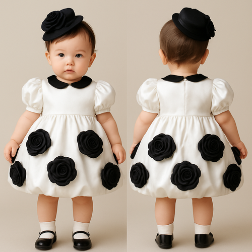 一歳の女の子着用画
白のサテンドレス、襟は丸くて黒、バルーンスカートで丈は膝上
パフスリーブ(ボリュームあり)
サテンの黒の大きなバラを、スカート部分の前側に３つ、後ろ側に３つ、均等にバランスよくつけて
頭には黒のカクテルハット、同じバラを小さめで着けて
白い靴下に黒いパンプス
