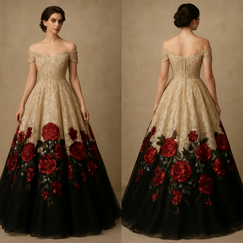 Lace champagne and black wedding dress with off the shoulder sleeves with sequined red roses around the dress.