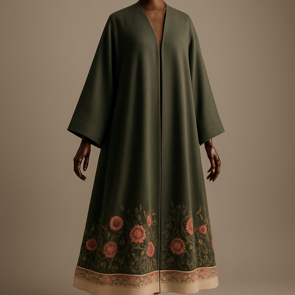 on wooden mannequin
"Photorealistic full-length photo of an elegant olive-green cashmere abaya displayed on a luxurious wooden mannequin (polished dark walnut, articulated joints, brass stand). Fabric shows natural drape and texture; hem fully encircled by a 4 cm cream cashmere shawl trim topped with a 4 cm embroidered floral border: hand-embroidered Taif roses in soft pink (#E78FA1), coral highlights, emerald leaves (#2E8B57), tiny matte bronze sequins and fine gold metallic thread accents. Soft studio lighting, subtle directional rim light to highlight wood grain and fabric texture, neutral seamless backdrop, realistic shadows, 4k, shallow depth of field, fashion photography —ar 2:3 --v 5"
2) High-fashion editorial on wooden mannequin
"High-fashion editorial shot of an olive-green cashmere abaya on an elegant carved wooden mannequin (dark walnut finish, visible grain, brass base). Emphasize long silhouette and ornate hem: 4 cm cream shawl trim + 4 cm embroidered border with Taif rose motifs (pink & coral), emerald leaves, gold thread couching and small bronze sequins. Dramatic softbox and warmed accent lighting to bring out wood tones and embroidery shimmer, studio environment, full-body view with a 3/4 angle, high detail, stylized but photorealistic —ar 2:3"
3) Close-up hem + mannequin detail (macro)
"Macro close-up of abaya hem and wooden mannequin torso: show 4 cm cream shawl base with 4 cm ornate embroidered border. Capture satin stitches for petals, French knots, couching for gold thread, tiny matte bronze seed beads; visible cashmere weave and the polished walnut wood grain of the mannequin, subtle specular highlights on brass stand. Natural directional light, extremely high resolution, color-accurate (olive green fabric, rose pink #E78FA1, emerald #2E8B57, warm gold accents), photorealistic texture study."
on wooden mannequin
"Photorealistic full-length photo of an elegant olive-green cashmere abaya displayed on a luxurious wooden mannequin (polished dark walnut, articulated joints, brass stand). Fabric shows natural drape and texture; hem fully encircled by a 4 cm cream cashmere shawl trim topped with a 4 cm embroidered floral border: hand-embroidered Taif roses in soft pink (#E78FA1), coral highlights, emerald leaves (#2E8B57), tiny matte bronze sequins and fine gold metallic thread accents. Soft studio lighting, subtle directional rim light to highlight wood grain and fabric texture, neutral seamless backdrop, realistic shadows, 4k, shallow depth of field, fashion photography —ar 2:3 --v 5"
2) High-fashion editorial on wooden mannequin
"High-fashion editorial shot of an olive-green cashmere abaya on an elegant carved wooden mannequin (dark walnut finish, visible grain, brass base). Emphasize long silhouette and ornate hem: 4 cm cream shawl trim + 4 cm embroidered border with Taif rose motifs (pink & coral), emerald leaves, gold thread couching and small bronze sequins. Dramatic softbox and warmed accent lighting to bring out wood tones and embroidery shimmer, studio environment, full-body view with a 3/4 angle, high detail, stylized but photorealistic —ar 2:3"
3) Close-up hem + mannequin detail (macro)
"Macro close-up of abaya hem and wooden mannequin torso: show 4 cm cream shawl base with 4 cm ornate embroidered border. Capture satin stitches for petals, French knots, couching for gold thread, tiny matte bronze seed beads; visible cashmere weave and the polished walnut wood grain of the mannequin, subtle specular highlights on brass stand. Natural directional light, extremely high resolution, color-accurate (olive green fabric, rose pink #E78FA1, emerald #2E8B57, warm gold accents), photorealistic texture study."