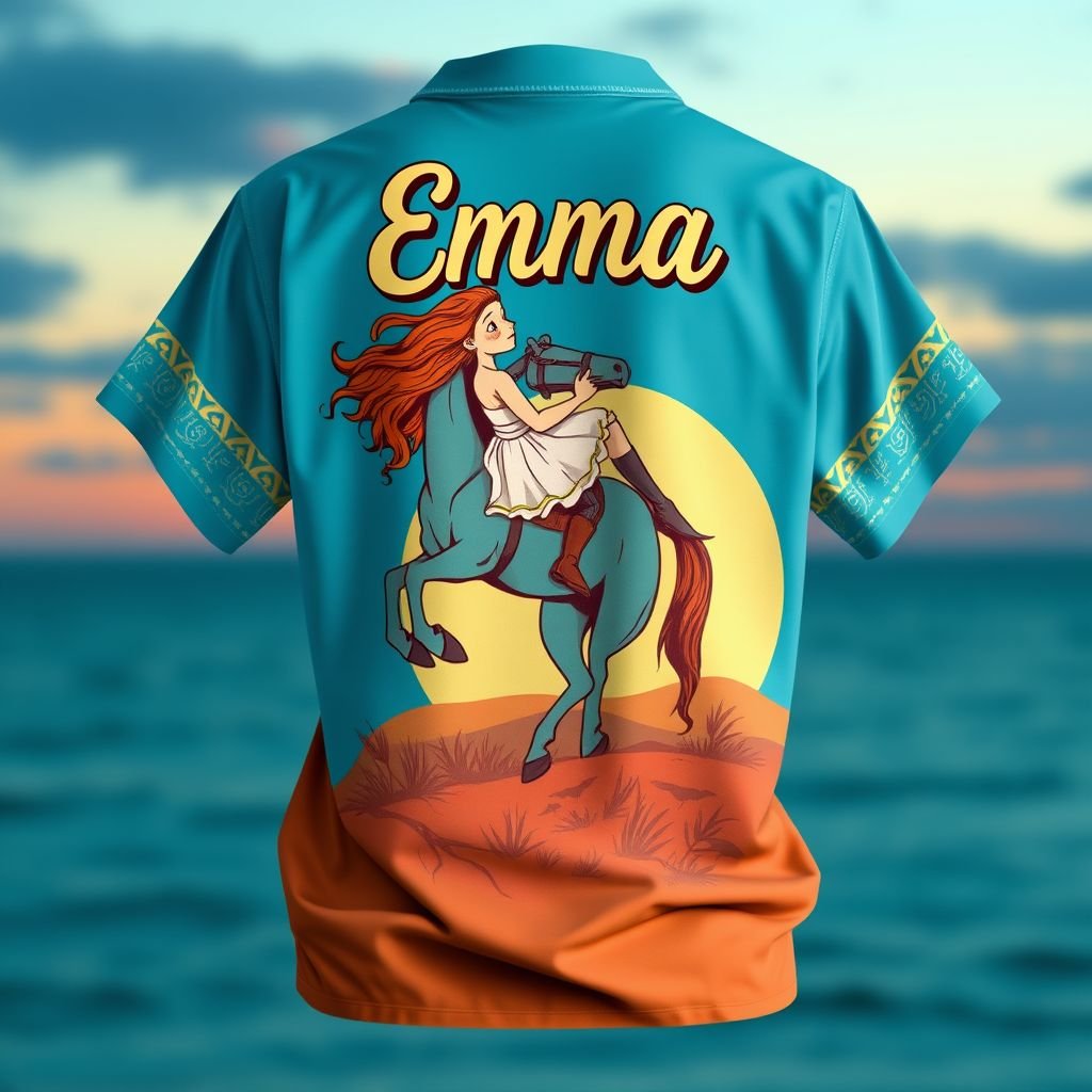 Blue shirt with the words Emma on them with girl rearing on horse and teal green and and blue background sunset
Design a playful, vintage-inspired blue shirt adorned with the name "Emma" in whimsical fonts, featuring an illustration of a girl gracefully rearing on a horse. The backdrop showcases a breathtaking teal and blue sunset, blending seamlessly with the shirt. Incorporate soft, flowing fabrics for a relaxed, bohemian vibe perfect for sunset strolls.
