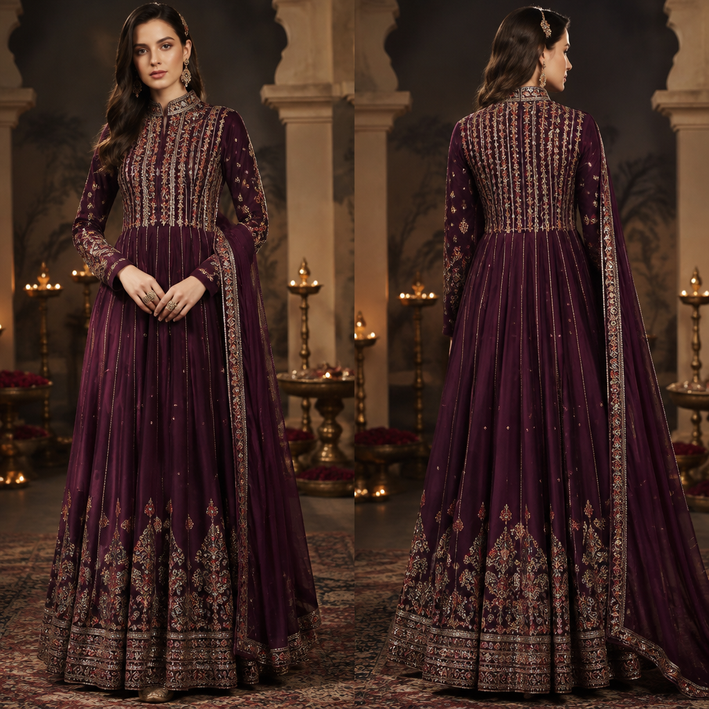 A Dress design, with a rich, textured surface, with an A-Line silhouette, with modest, full coverage: longer hemlines, higher necklines and covered shoulders, in a Jewel Tones color palette, for Festival, suitable for Fall, suited to a Cold climate, in Elegant + Glamorous style, shown on a model with fair skin and a tall figure. fancy out fit. India fashion aesthetics. Present it as professional fashion catalogue photography: the garment is the subject, shown full-length with editorial styling, neutral posing and tasteful, non-suggestive framing.
photorealistic fashion design, A Dress design, with a rich, textured surface, with an A-Line silhouette, with modest, full coverage: longer hemlines, higher necklines and covered shoulders, in a Jewel Tones color palette, for Festival, suitable for Fall, suited to a Cold climate, in Elegant + Glamorous style, shown on a model with fair skin and a tall figure. fancy out fit. India fashion aesthetics. Present it as professional fashion catalogue photography: the garment is the subject, shown full-length with editorial styling, neutral posing and tasteful, non-suggestive framing., elegant style, just the design no text, show front and back