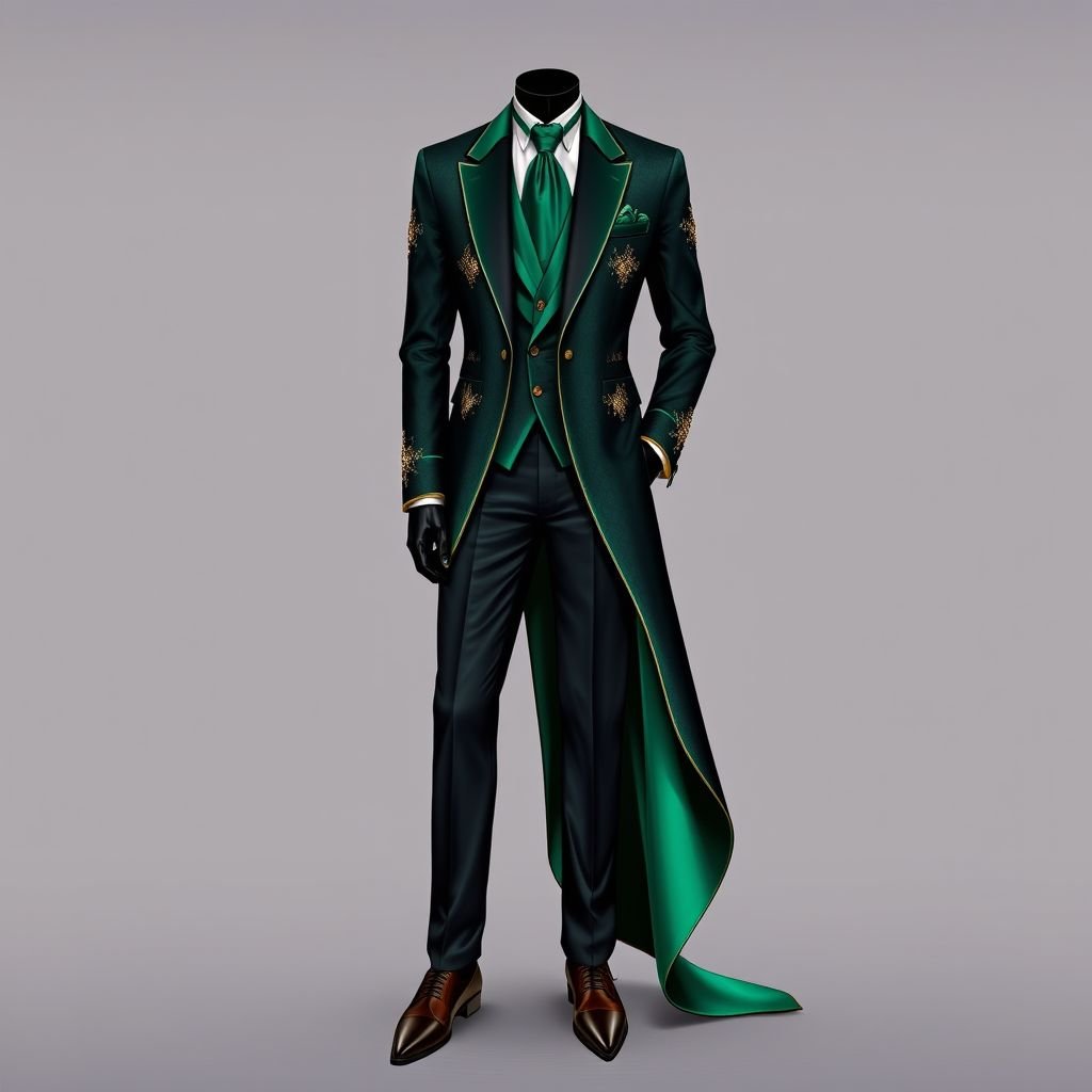 A black and green asymmetrical men’s suit
Design a luxurious black and emerald green asymmetrical men’s suit, featuring a sharp, tailored silhouette that exudes sophistication. Incorporate rich satin textures and intricate gilded embellishments. Elegant peak lapels and a flowing, asymmetrical hemline add drama, while a statement silk pocket square and polished leather shoes enhance the opulent, glamorous essence.