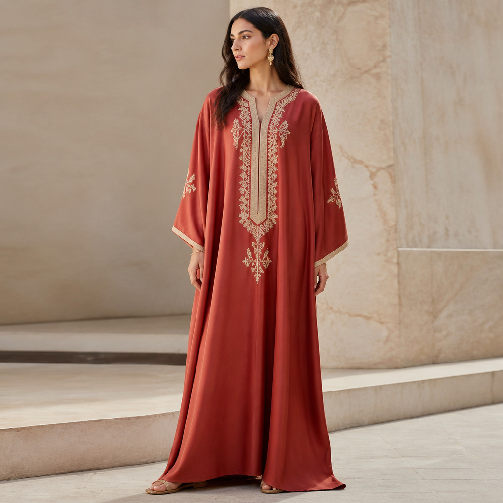 A Female fashion design. Consider Egyptian fashion — flowing silhouettes, vibrant colors, cotton and linen traditions, modest yet elegant. Current season is Autumn in Egypt. Present it as professional fashion catalogue photography: the garment is the subject, shown full-length with editorial styling, neutral posing and tasteful, non-suggestive framing.
photorealistic fashion design, A Female fashion design. Consider Egyptian fashion — flowing silhouettes, vibrant colors, cotton and linen traditions, modest yet elegant. Current season is Autumn in Egypt. Present it as professional fashion catalogue photography: the garment is the subject, shown full-length with editorial styling, neutral posing and tasteful, non-suggestive framing., just the design no text